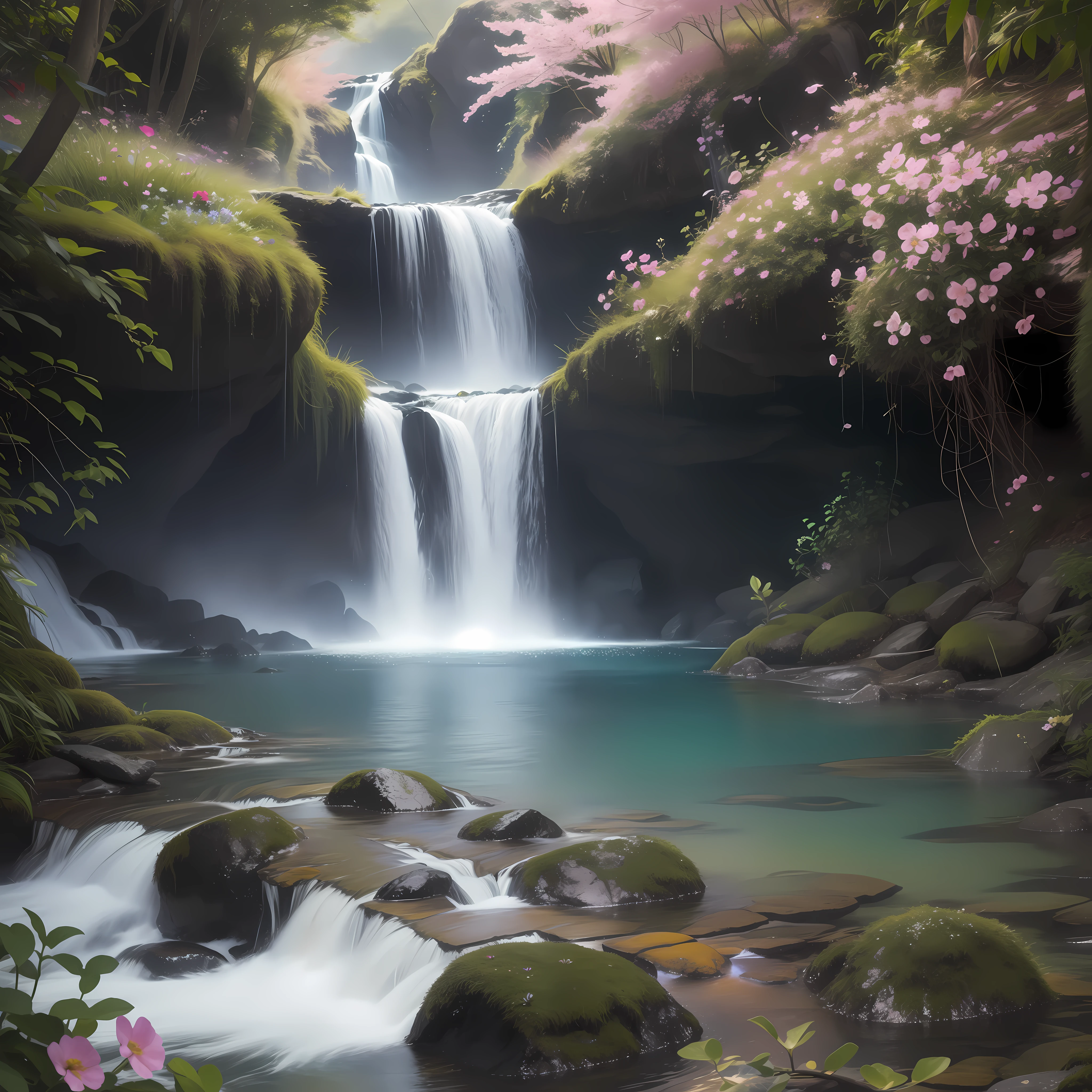 "Enchanting bioluminescent spring waterfall, adorned with vibrant flowers, bathed in a mesmerizing glittering glow, bringing the beauty to life in stunning HD and 4K, creating a truly photorealistic masterpiece."