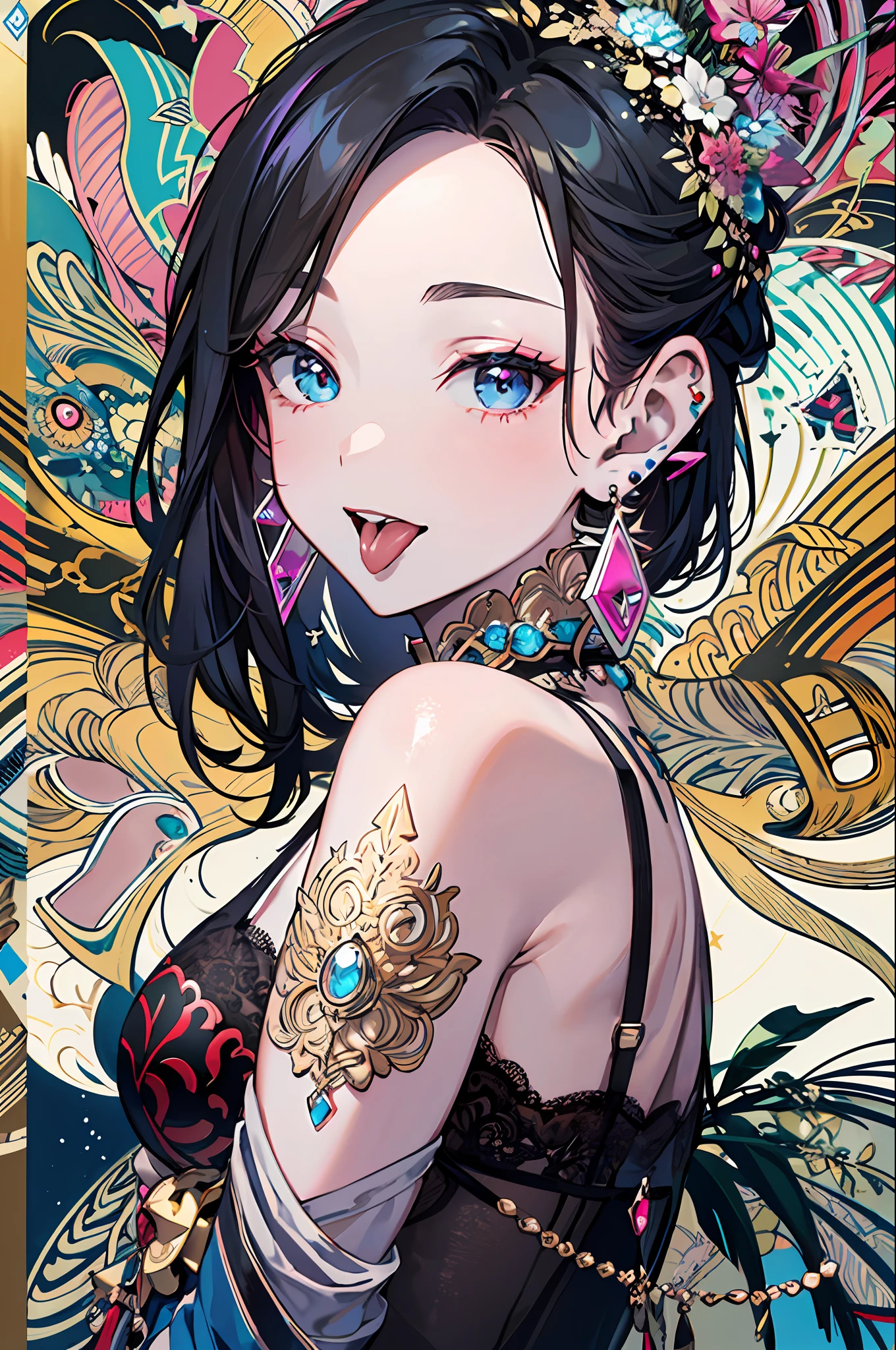 (Masterpiece, Top Quality, Best Quality, Laughter, Sticking Out Your Tongue, Official Art, Beauty and Aesthetics: 1.2), (1girl: 1.3), Very Detailed, (Fractal Art: 1.1), (Color: 1.1) (Diamond: 1.3), Most Detailed, (Zentangle: 1.2), (Dynamic Pose), (Abstract Background: 1.3), (Shiny Skin), (Many Colors.) :1.4), ,(earrings:1.4),