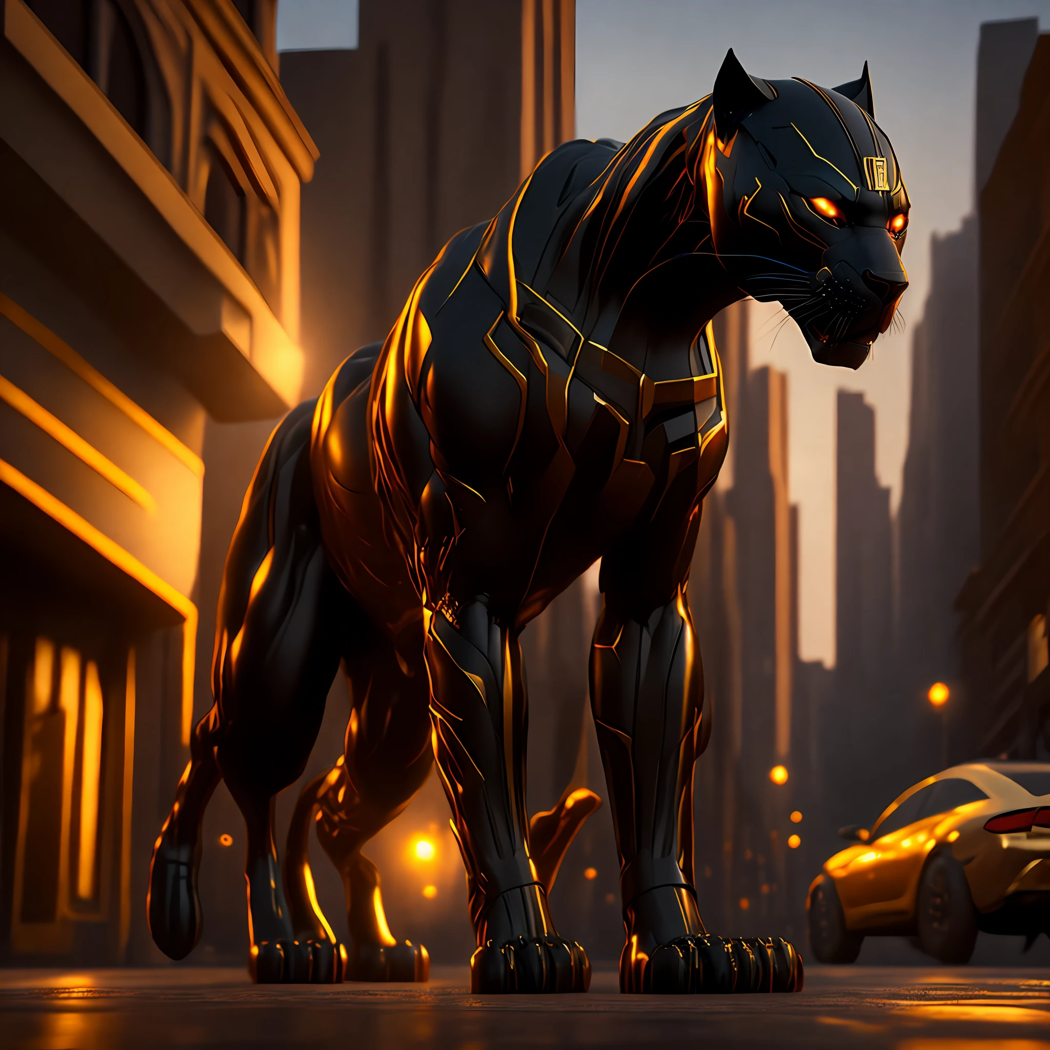 Photo of Golden Black Panther from Marvel standing in the city streets, rtx, octane, unreal. high detailed, photorealistic,