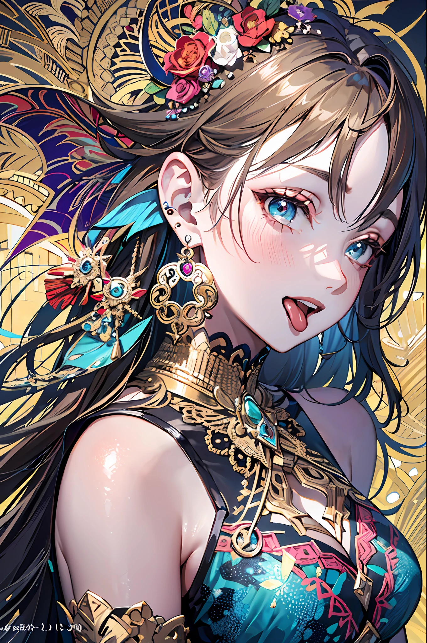 (Masterpiece, Top Quality, Best Quality, Laughter, Sticking Out Your Tongue, Official Art, Beauty and Aesthetics: 1.2), (1girl: 1.3), Very Detailed, (Fractal Art: 1.1), (Color: 1.1) (Diamond: 1.3), Most Detailed, (Zentangle: 1.2), (Dynamic Pose), (Abstract Background: 1.3), (Shiny Skin), (Many Colors.) :1.4), ,(earrings:1.4),