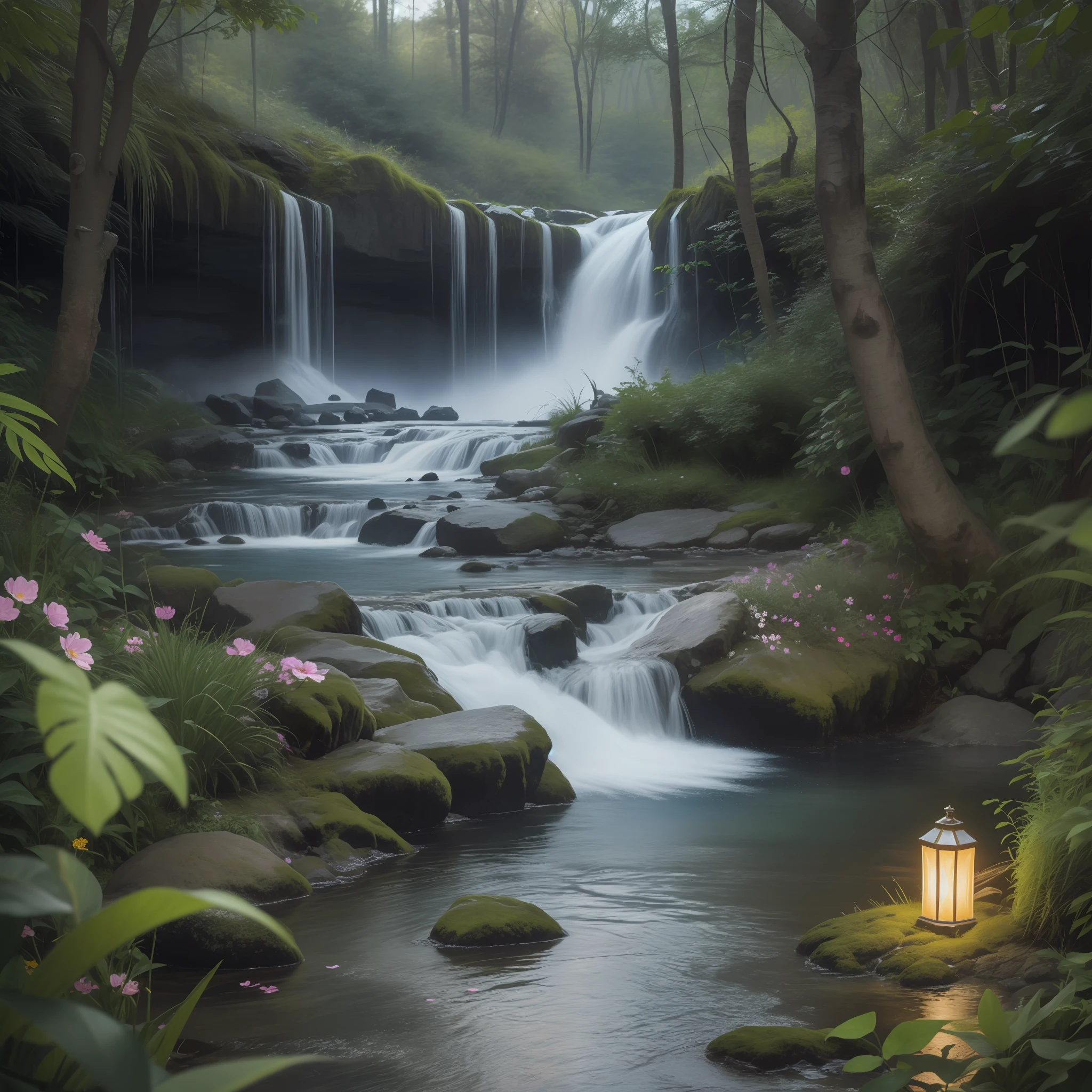 "Enchanting bioluminescent spring waterfall, adorned with vibrant flowers, bathed in a mesmerizing glittering glow, bringing the beauty to life in stunning HD and 4K, creating a truly photorealistic masterpiece."