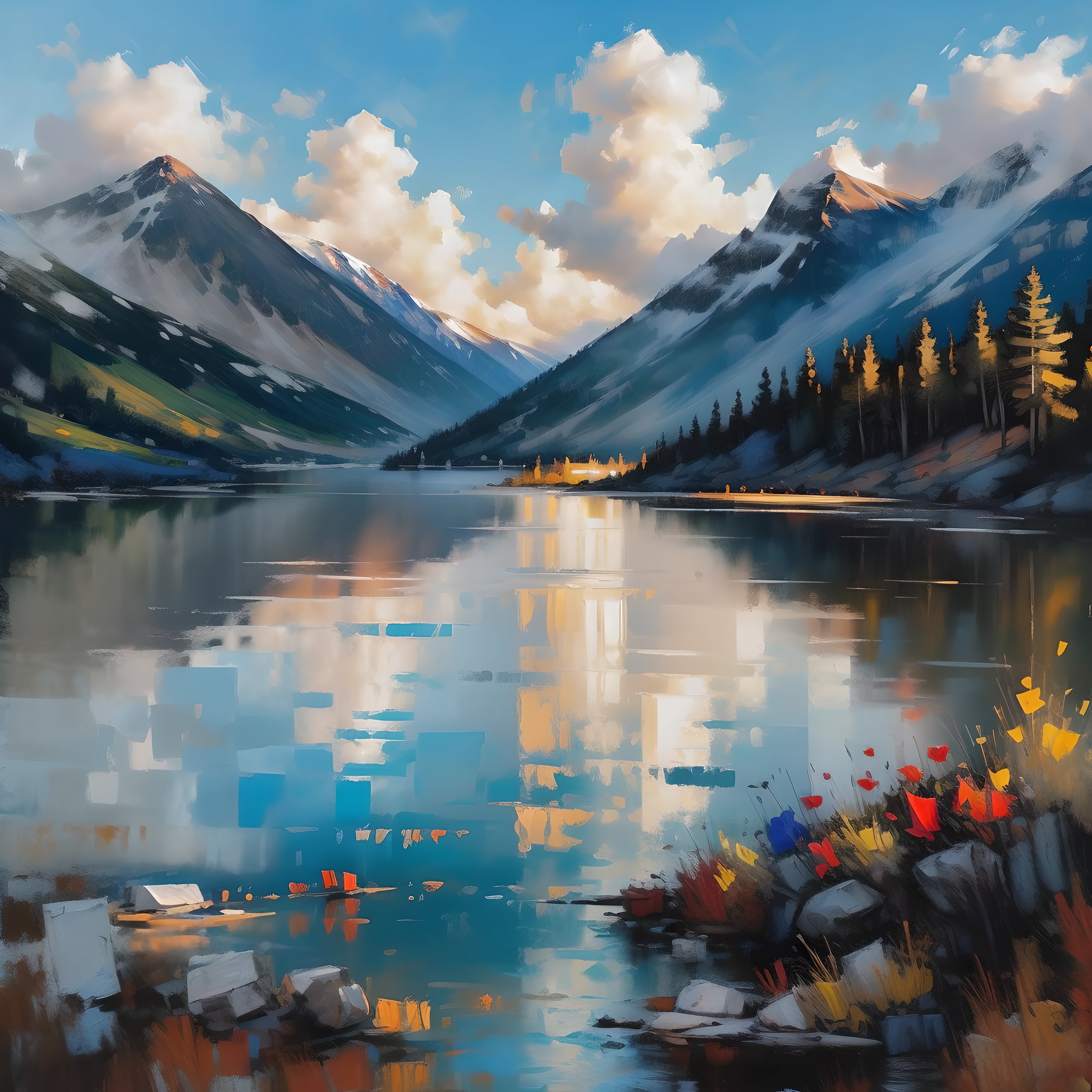 painting of a mountain scene with a river and a road, mountainscape, mountainside, tall mountains, mountain valley, mountainous, mountains, large mountains in back, gigantic mountains, majestic mountains, mountains in a background, mount olympus, traveling through the mountains, massive mountains, moutains, background mountains, large mountain, mountainous background, epic mountains, valley