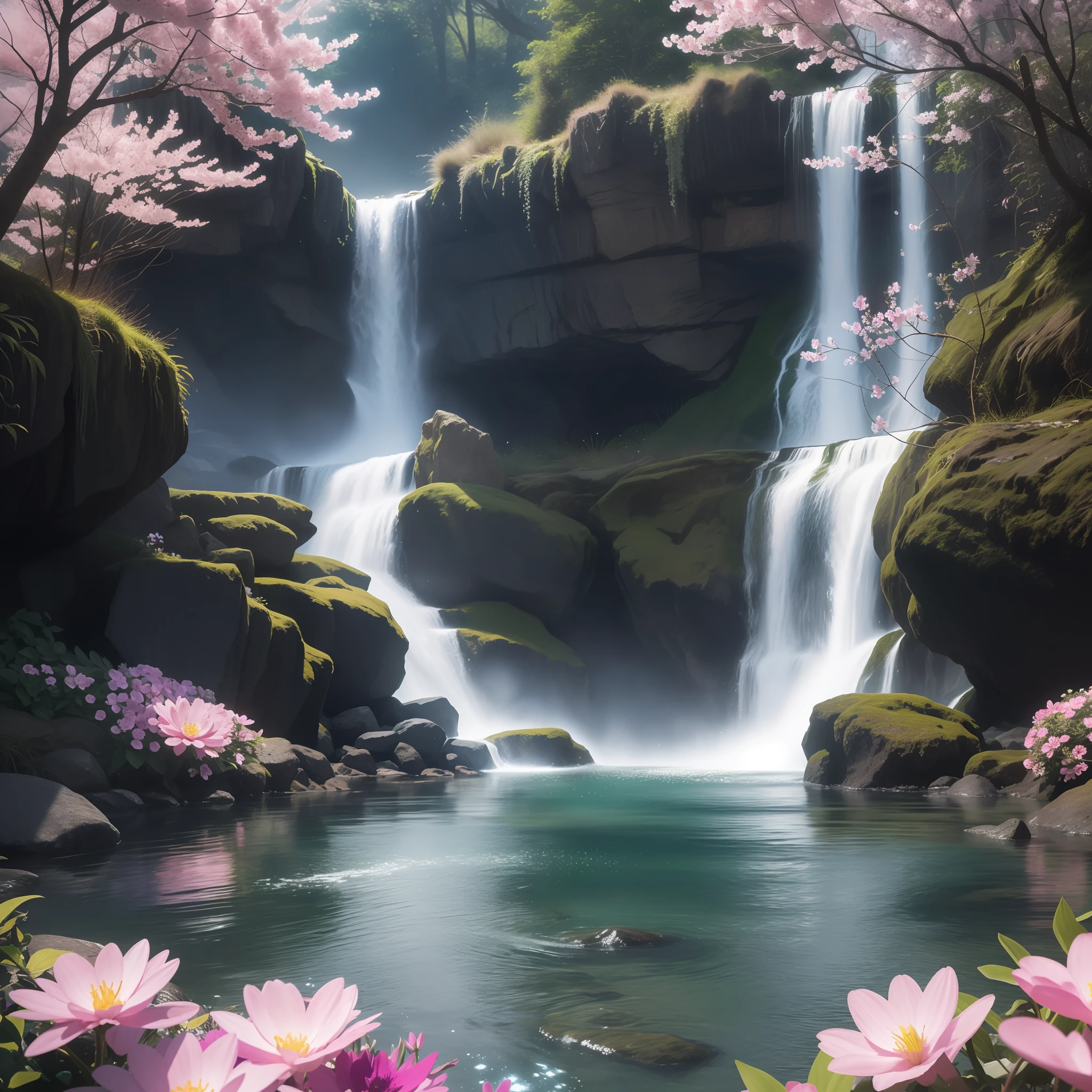 "Enchanting bioluminescent spring waterfall, adorned with vibrant flowers, bathed in a mesmerizing glittering glow, bringing the beauty to life in stunning HD and 4K, creating a truly photorealistic masterpiece."
