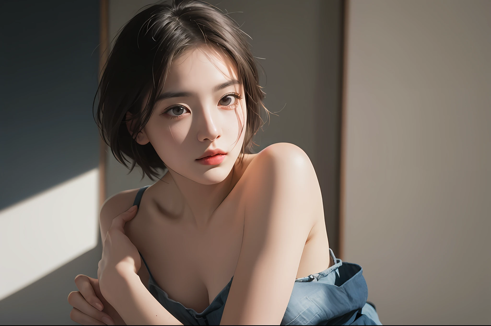 Best quality, masterpiece, ultra high res, (photorealistic:1.5), raw photo, 1girl, offshoulder, in the dark, deep shadow, low key, cold light, sexy look, short hair