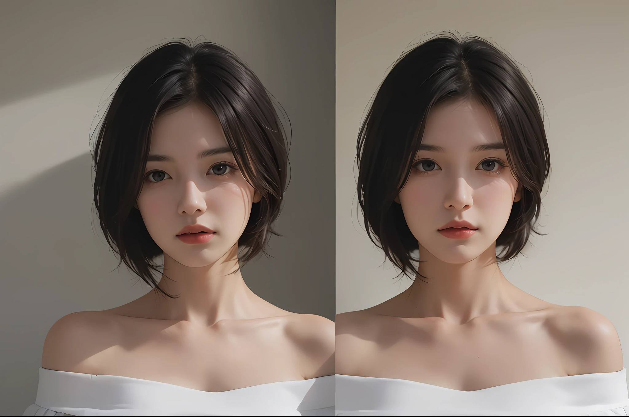 Best quality, masterpiece, ultra high res, (photorealistic:1.5), raw photo, 1girl, offshoulder, in the dark, deep shadow, low key, cold light, sexy look, short hair