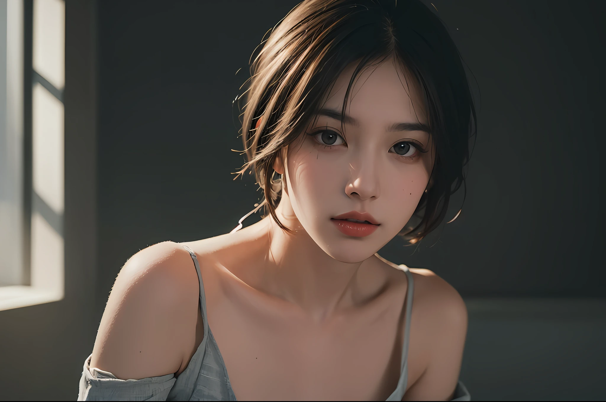 Best quality, masterpiece, ultra high res, (photorealistic:1.5), raw photo, 1girl, offshoulder, in the dark, deep shadow, low key, cold light, sexy look, short hair
