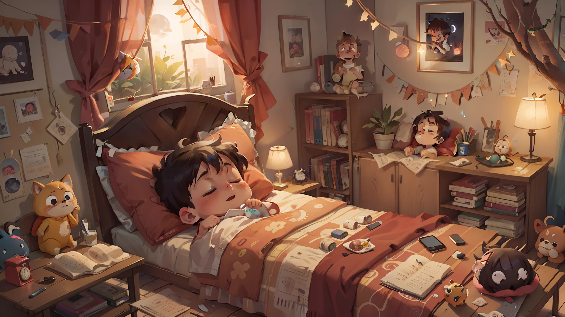 1 boy, 3 years old, bed, 1 child room,happy, window, alone, night,fast sleeping, moonlight, only one person in room,