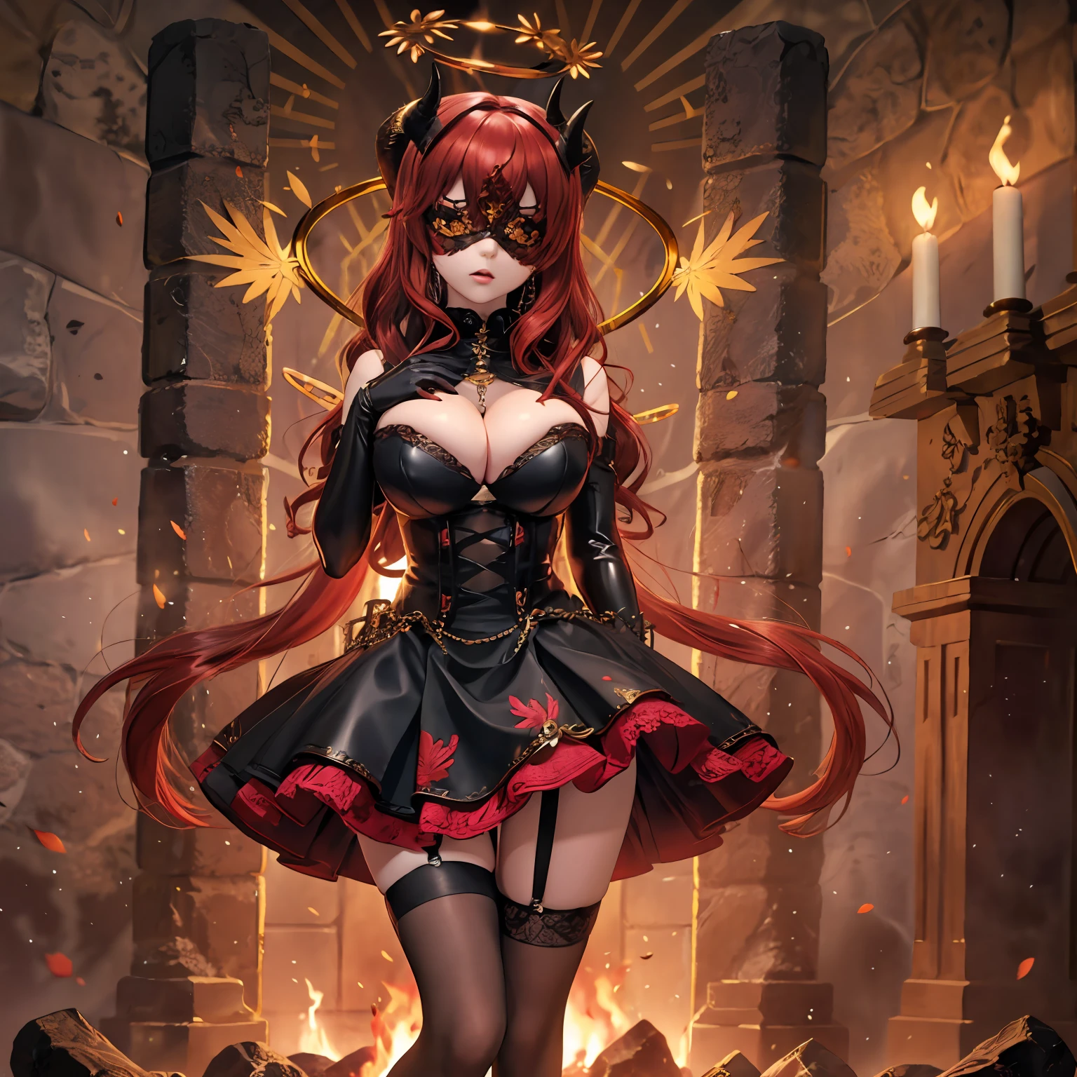 masterpiece, best quality, ultra-detailed, backlighting, 1girl wearing a halo mask, mid shot, full body, standing, long hair, tri tails, disheveled hair, demon horns, (red hair), expressionless, gothic dress, bridal gauntlets, bursting breasts, cleavage cutout, garter straps, mole under eye, thighhighs, night, (blue vortex in the background:1.05), surrounded by fire and flames, (indoor), (big fire), leaves, wind, storm