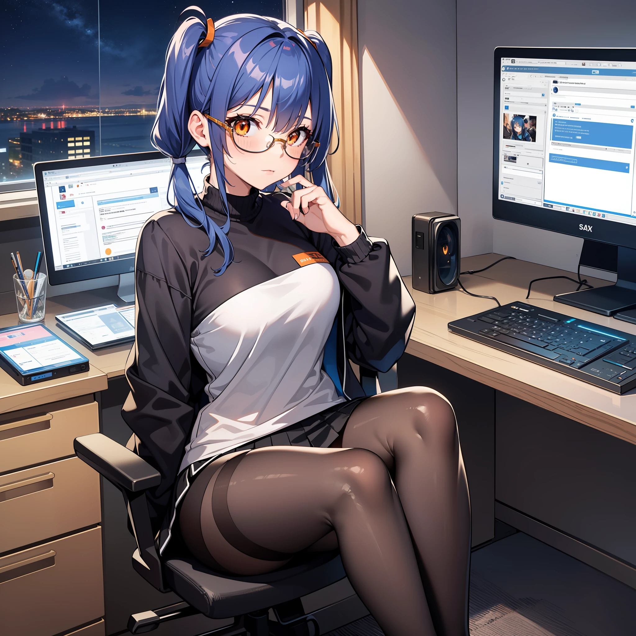 Thirty year old woman, glare, short blue hair With white lines In the middle, in two pigtails, orange eyes, wearing transparent glasses, Half body tights and Black miniskirt, Sit playing computer, night sky