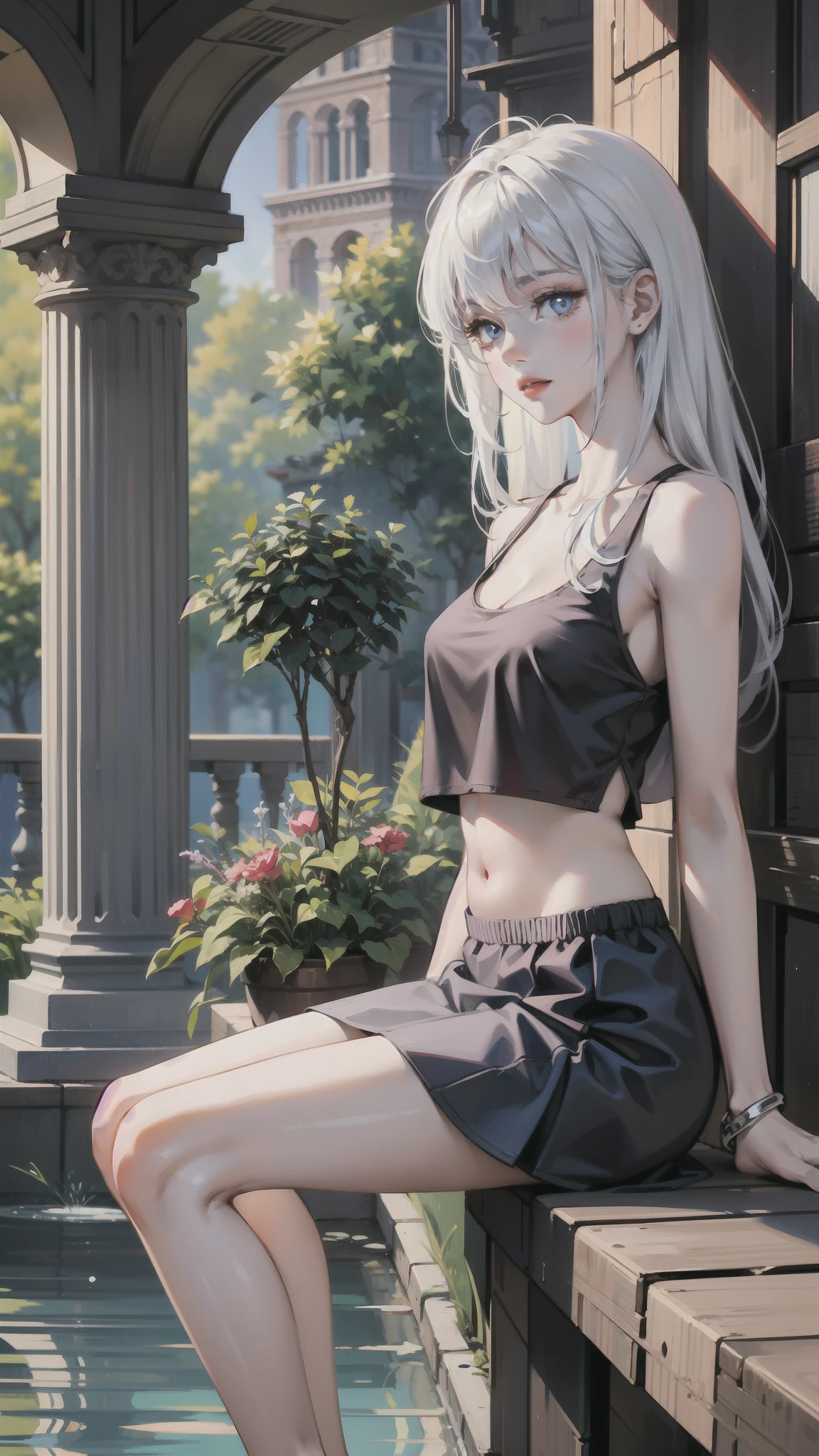 Anime girl sitting on a ledge by a pool - SeaArt AI