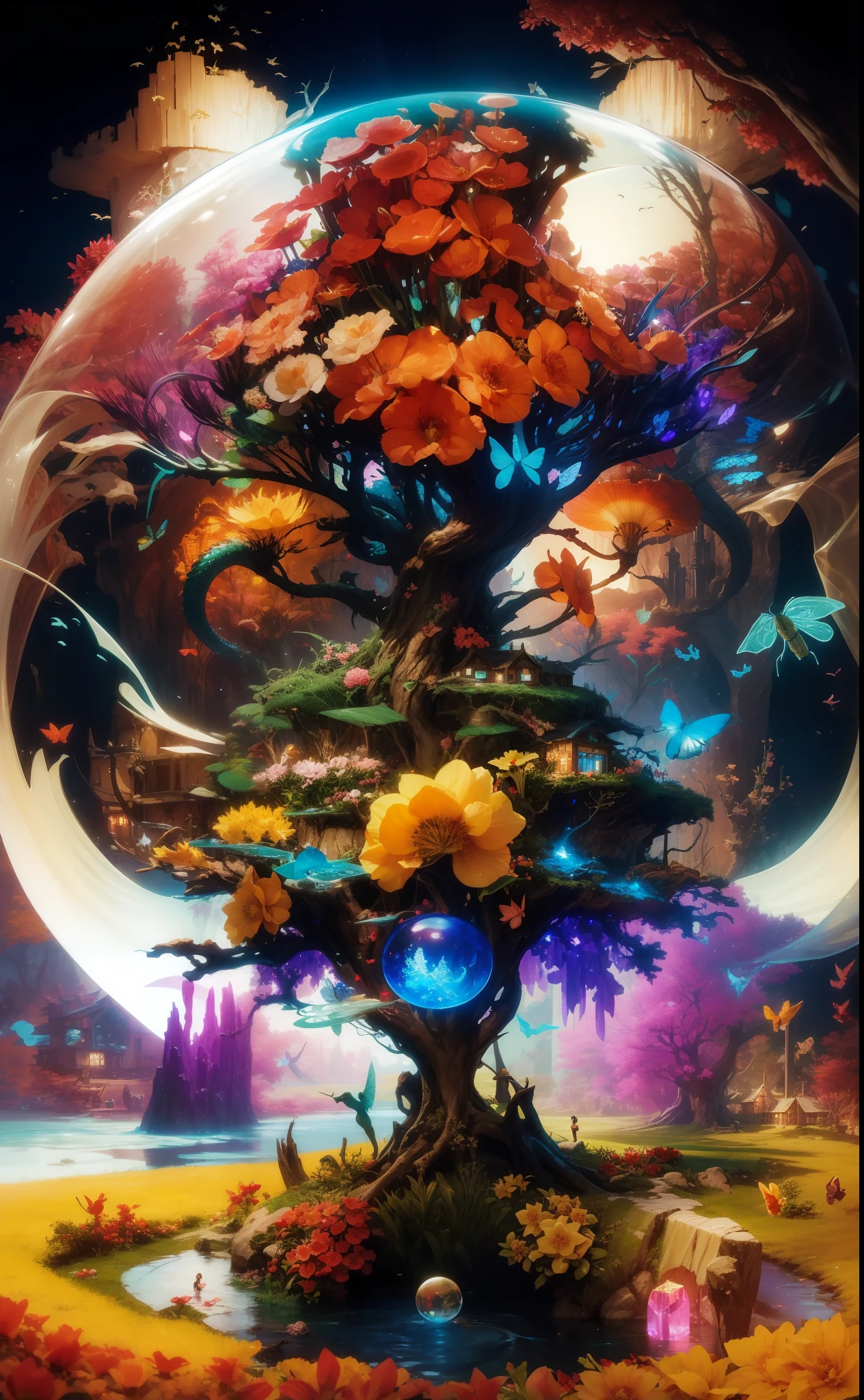 A very detailed matte painting depicting fairy tale mushroom house in a crystal ball, trumpet flowers, daffodils, peach blossom forest, butterflies, dragonflies, tree elves flying, by Makoto Shinkai, by Artgerm, by WLOP, by Greg Rukowski, volumetric lighting, octane rendering, 4K resolution, ArtStation Trend, masterpiece