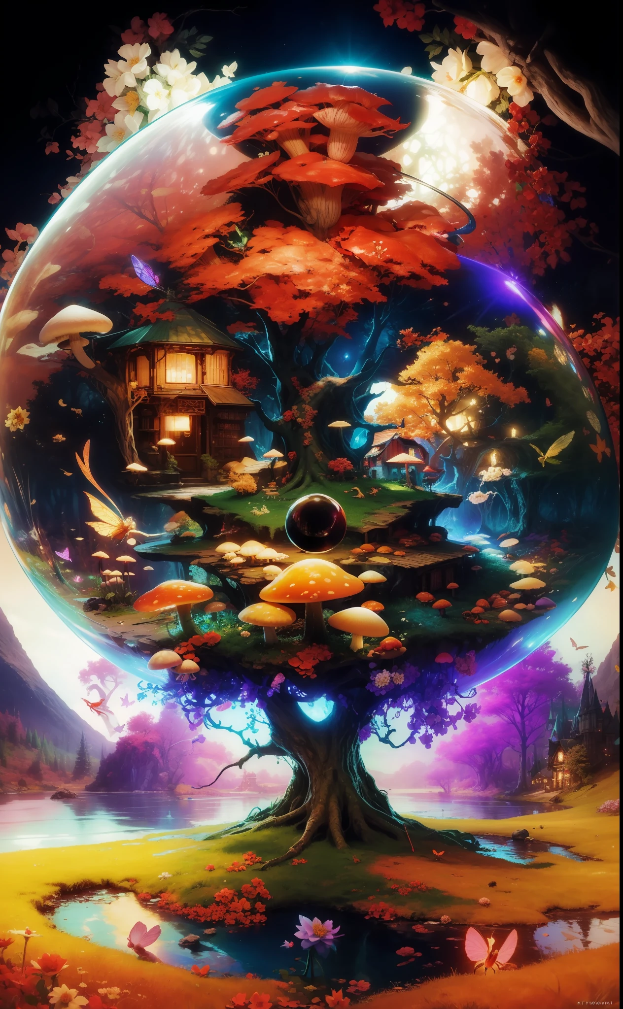 A very detailed matte painting depicting fairy tale mushroom house in a crystal ball, trumpet flowers, daffodils, peach blossom forest, butterflies, dragonflies, tree elves flying, by Makoto Shinkai, by Artgerm, by WLOP, by Greg Rukowski, volumetric lighting, octane rendering, 4K resolution, ArtStation Trend, masterpiece
