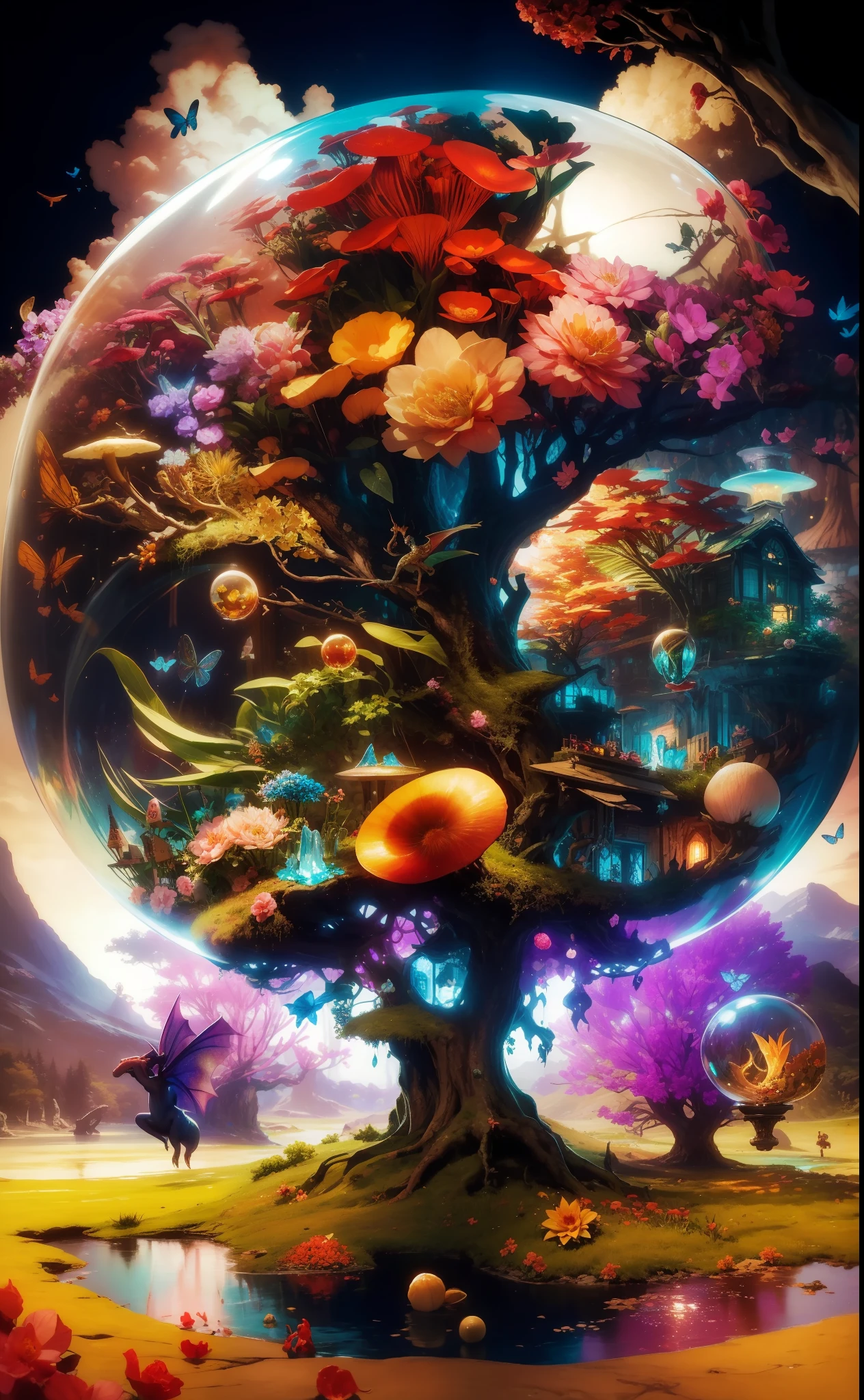 A very detailed matte painting depicting fairy tale mushroom house in a crystal ball, trumpet flowers, daffodils, peach blossom forest, butterflies, dragonflies, tree elves flying, by Makoto Shinkai, by Artgerm, by WLOP, by Greg Rukowski, volumetric lighting, octane rendering, 4K resolution, ArtStation Trend, masterpiece