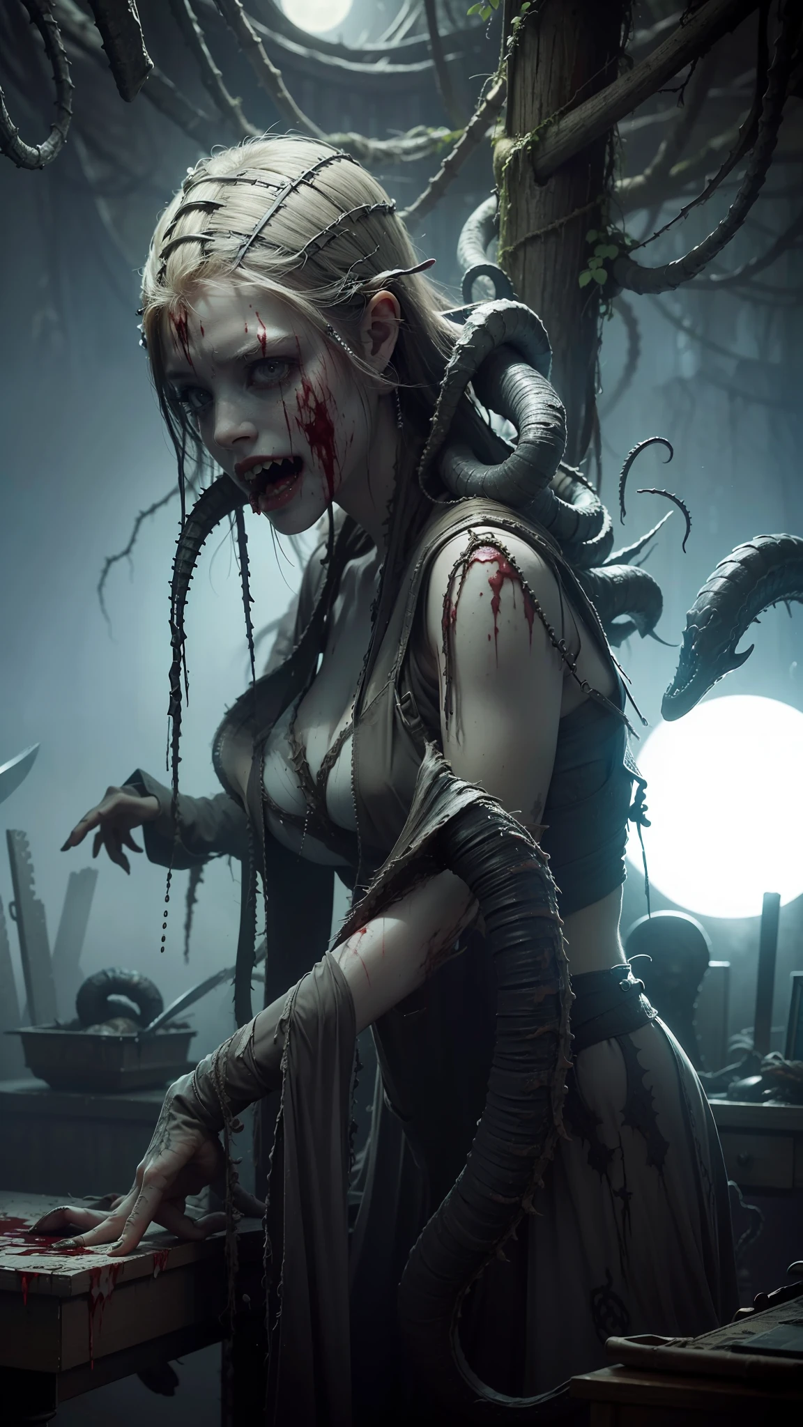 Fine matte painting, dark angel haunted castle on drawing table full of knives, horror, eerie, scary, secret horror, tentacles, vines, eyes, uncanny valley effect teeth, limbs, animals, blood moon