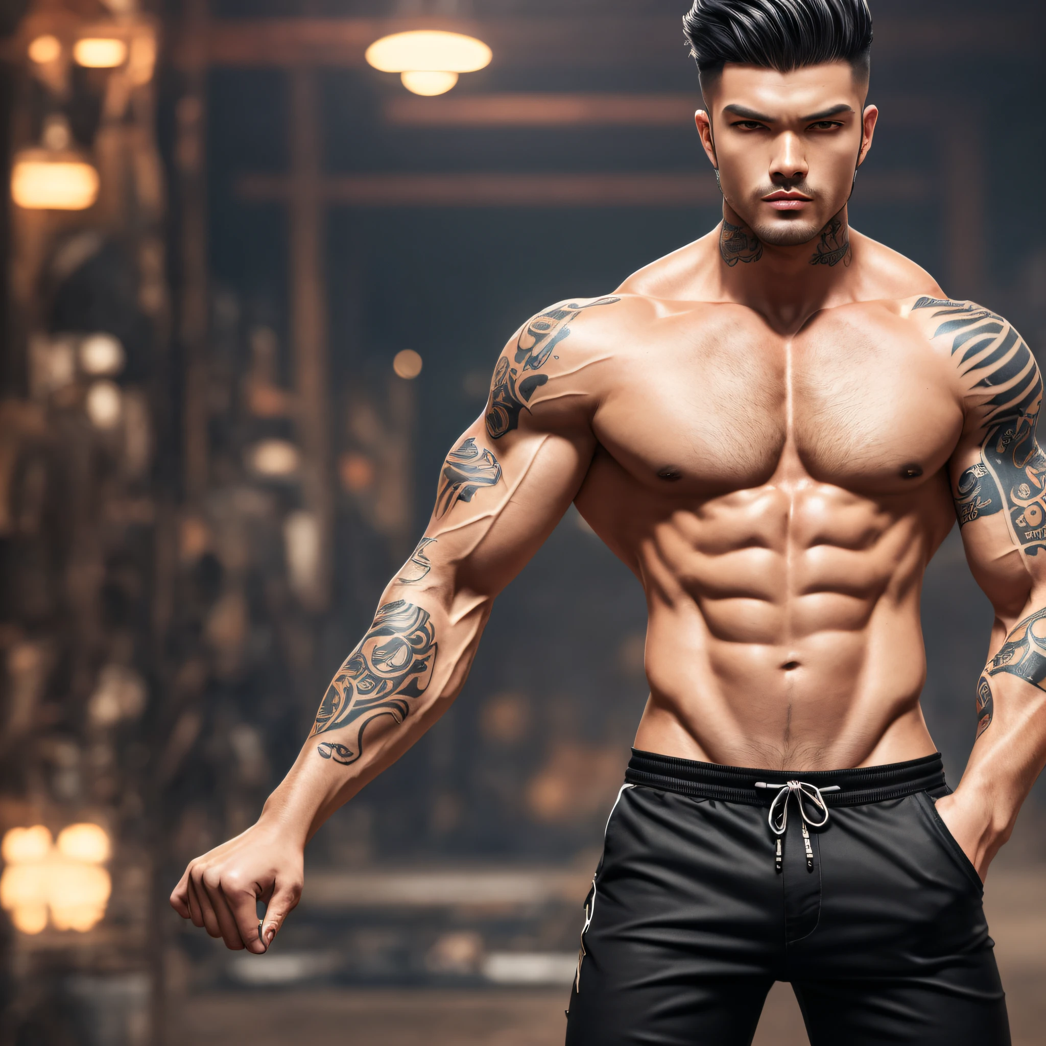male sexy genshin impact, man, strong body, tattoo, healed, clothes glued in black color, best quality, 4K, 8K, high details, super detail --auto
