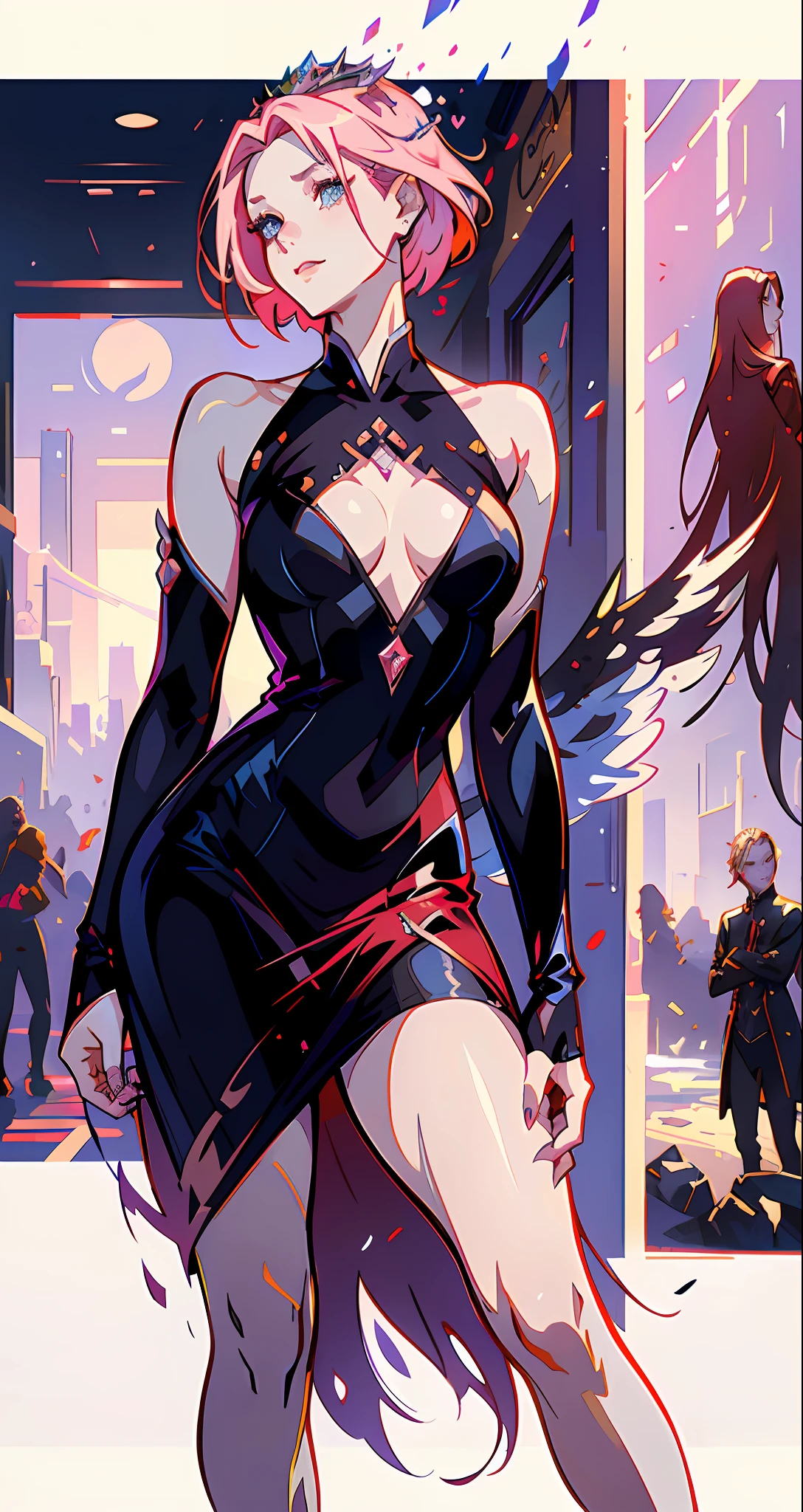 Queen of angels, beautiful woman, seductive, ((forehead the show)), standing, with wings protruding from her back, sexy eyes, red dress, forehead to show, queen, pink hair, delicate, young, short hair, full body, from League of Legends, trend in artstation, by rhads, andreas rocha, rossdraws, makoto shinkai, laurie greasley, lois van baarle, ilya kuvshinov and greg rutkowski