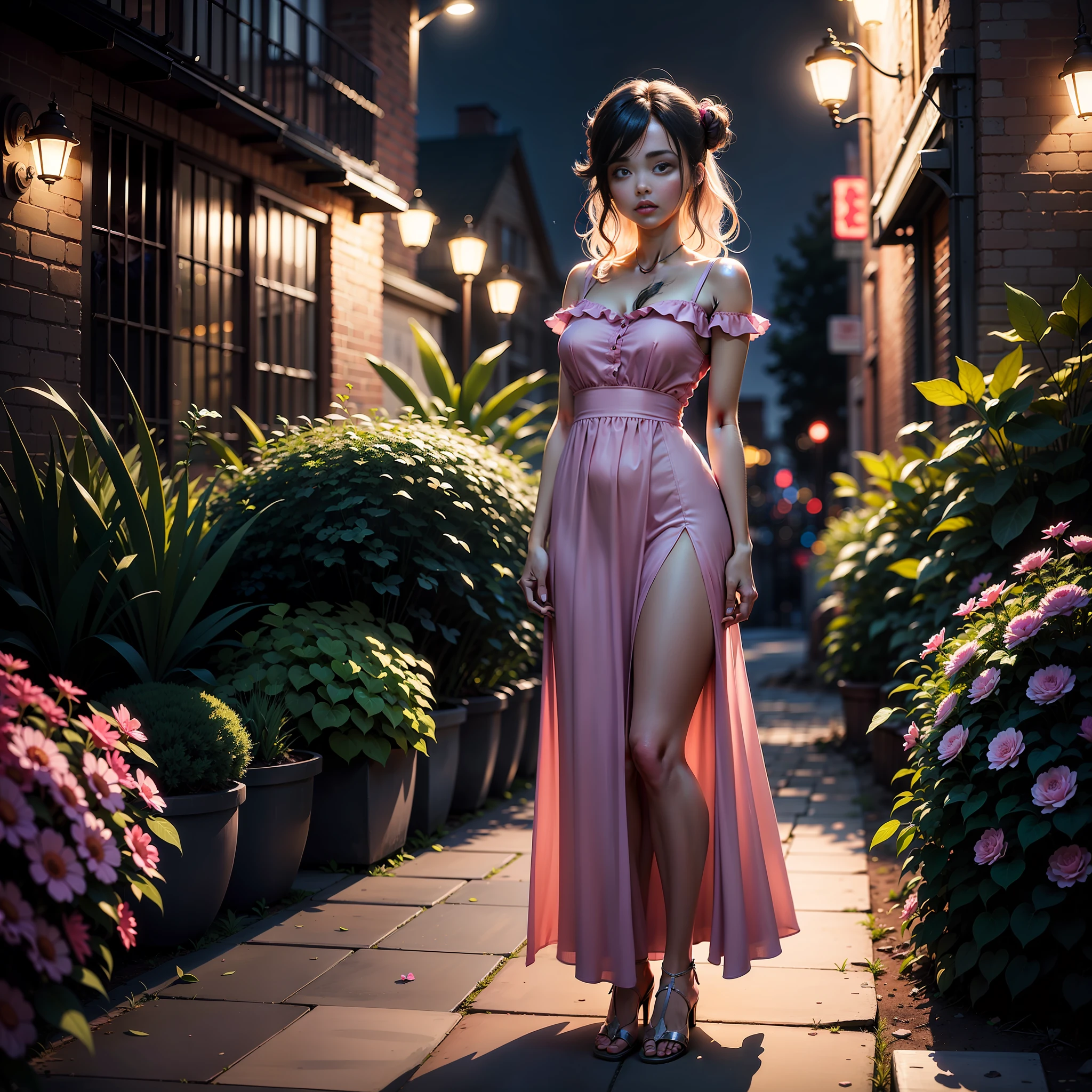 there is a woman in a pink dress standing in a garden, wearing a pink dress, full body shot, dressed in a pink dress, by Gina Pellón, at night, at night, full body photogenic shot, full body shot, pink dress, about 3 5 years old, with neon lights, detailed anime format