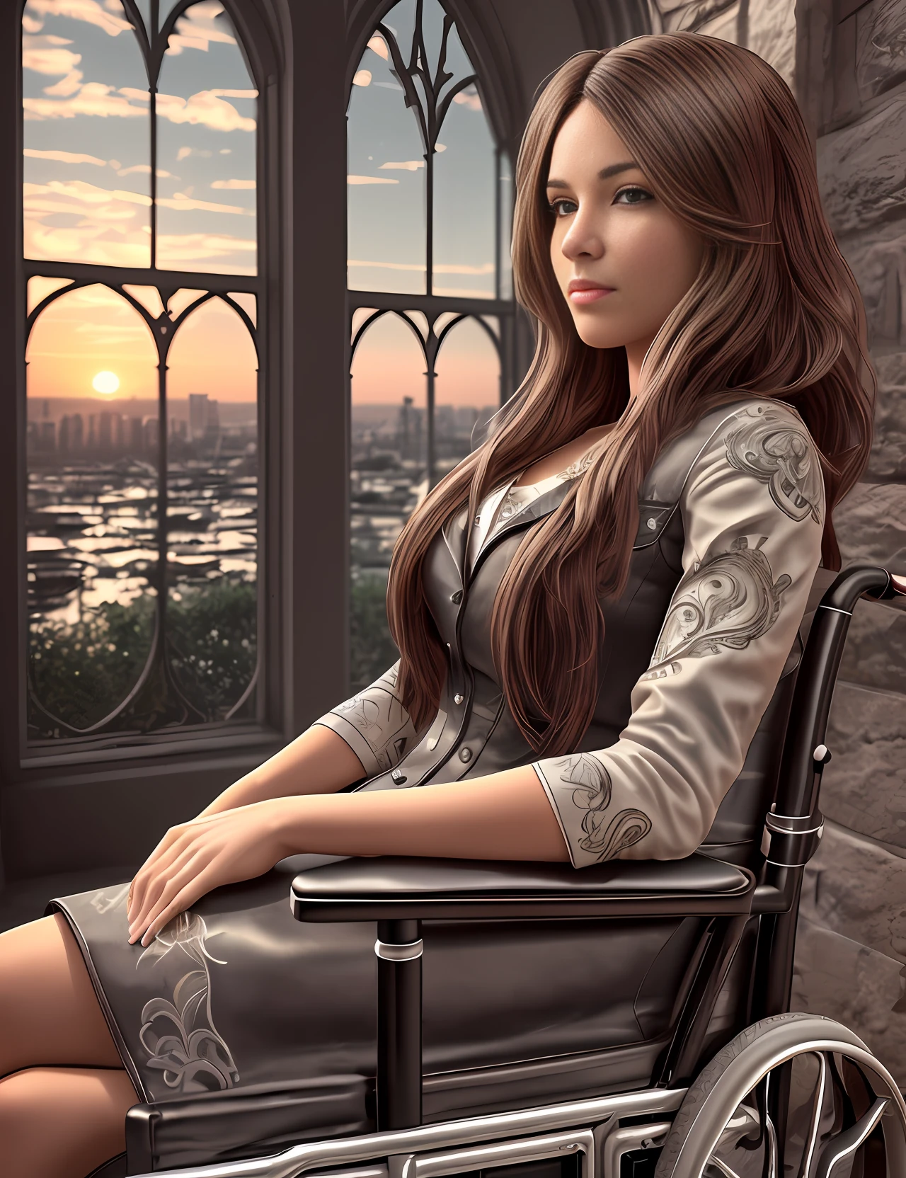 wheelchair woman, sitting in wheelchair, frontal face, 31 years old, (realistic:1.3), finely detailed, quality, (masterpiece:1.2), (photorealistic:1.2), (best quality), (detailed skin:1.3), (intricate details), dramatic, ray tracing, photograph, Liquid [Marshlands|Madrid] from inside of a Cologne Cathedral, Bathed in shadows, Masterpiece, Despressing, Metalcore, film grain,  sunset background --auto --s2
