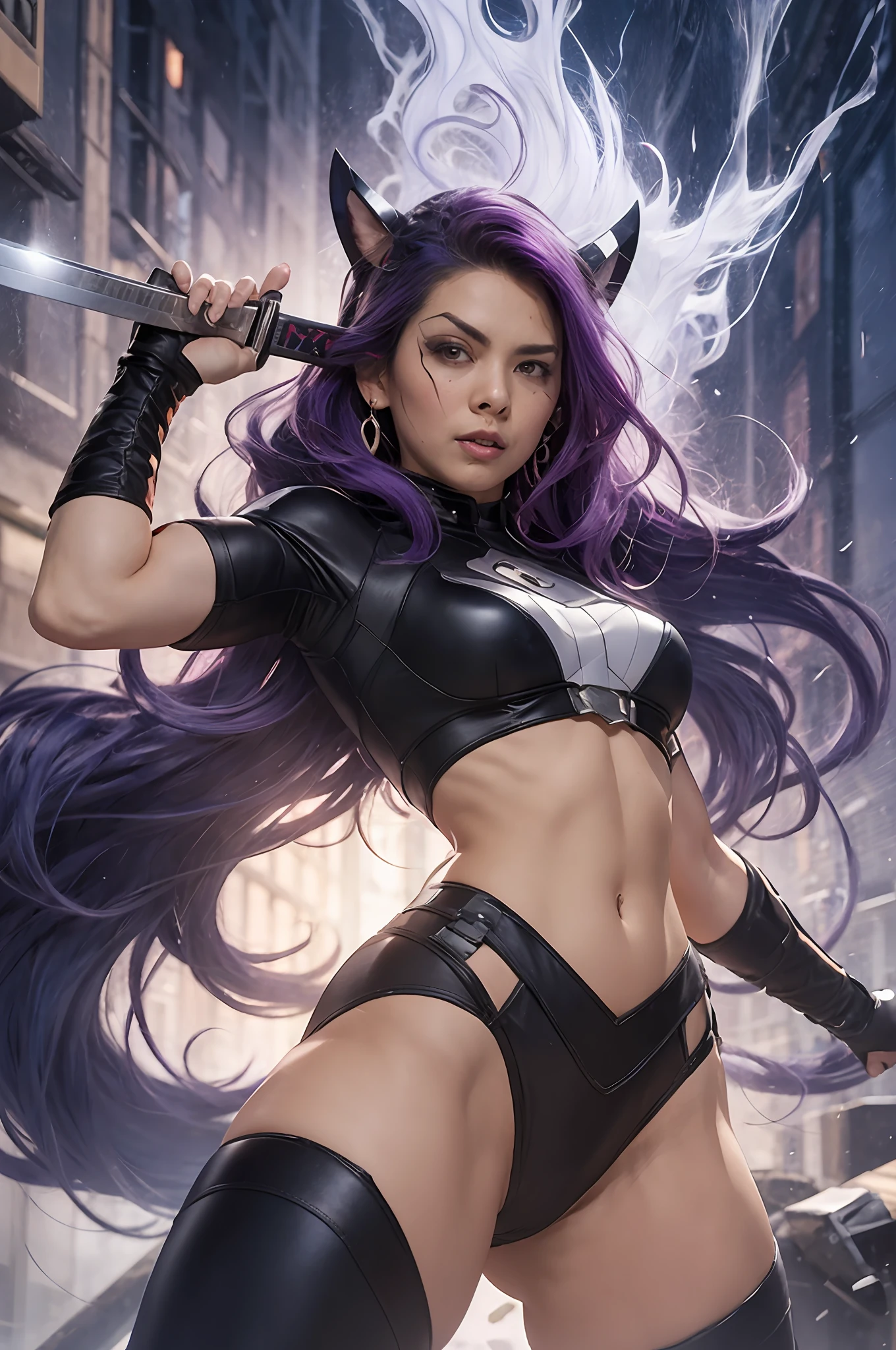 4K, x-men, psyloke, sexy woman, muscular body, purple hair, blue mayor, blue panties, holding katana, long hair, cloth band at the waist, fighting pose.