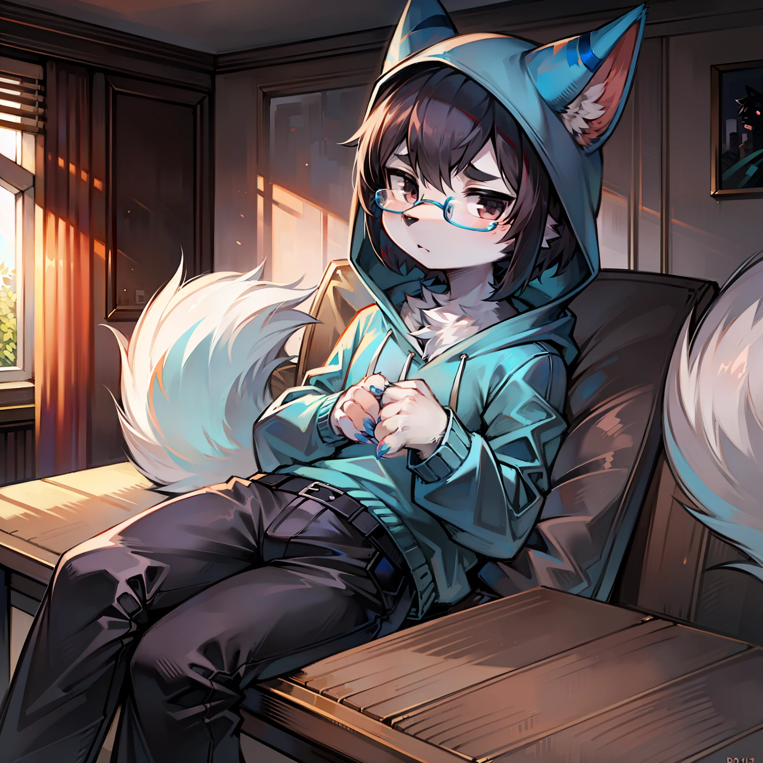 Furry, black eyes, solo, furry male, full body fur, fluffy fur, white paws, blue-white fur, dark blue sweatshirt, black trousers, black hair, gray ears, gradient hair, multicolored hair, black glasses, fluffy red tail, short hair, blunt bangs, hood, boring, serious, black hair, high detail, interior, table