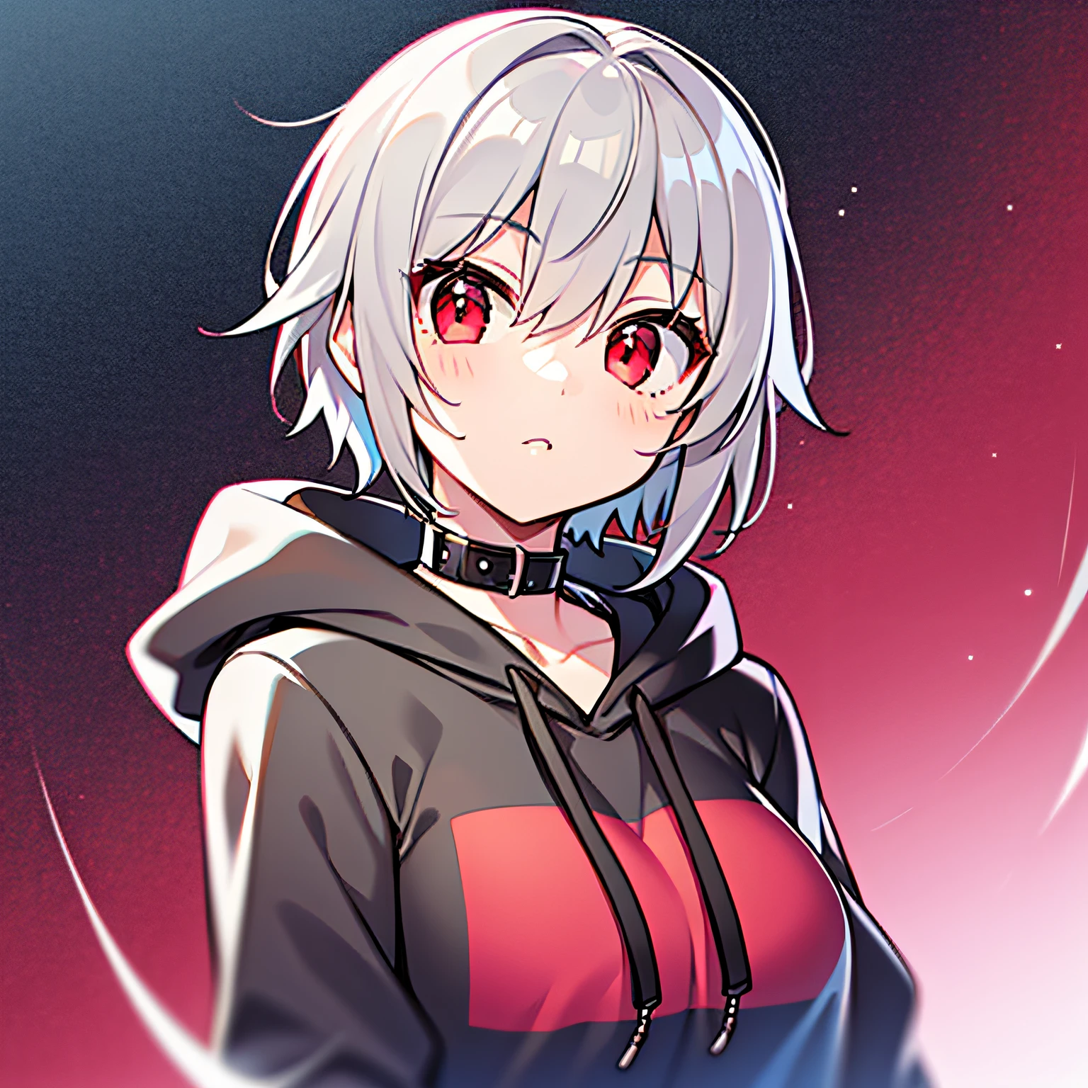 Top quality, girl, short hair, gray hair, cool pose, black hoodie, red eyes