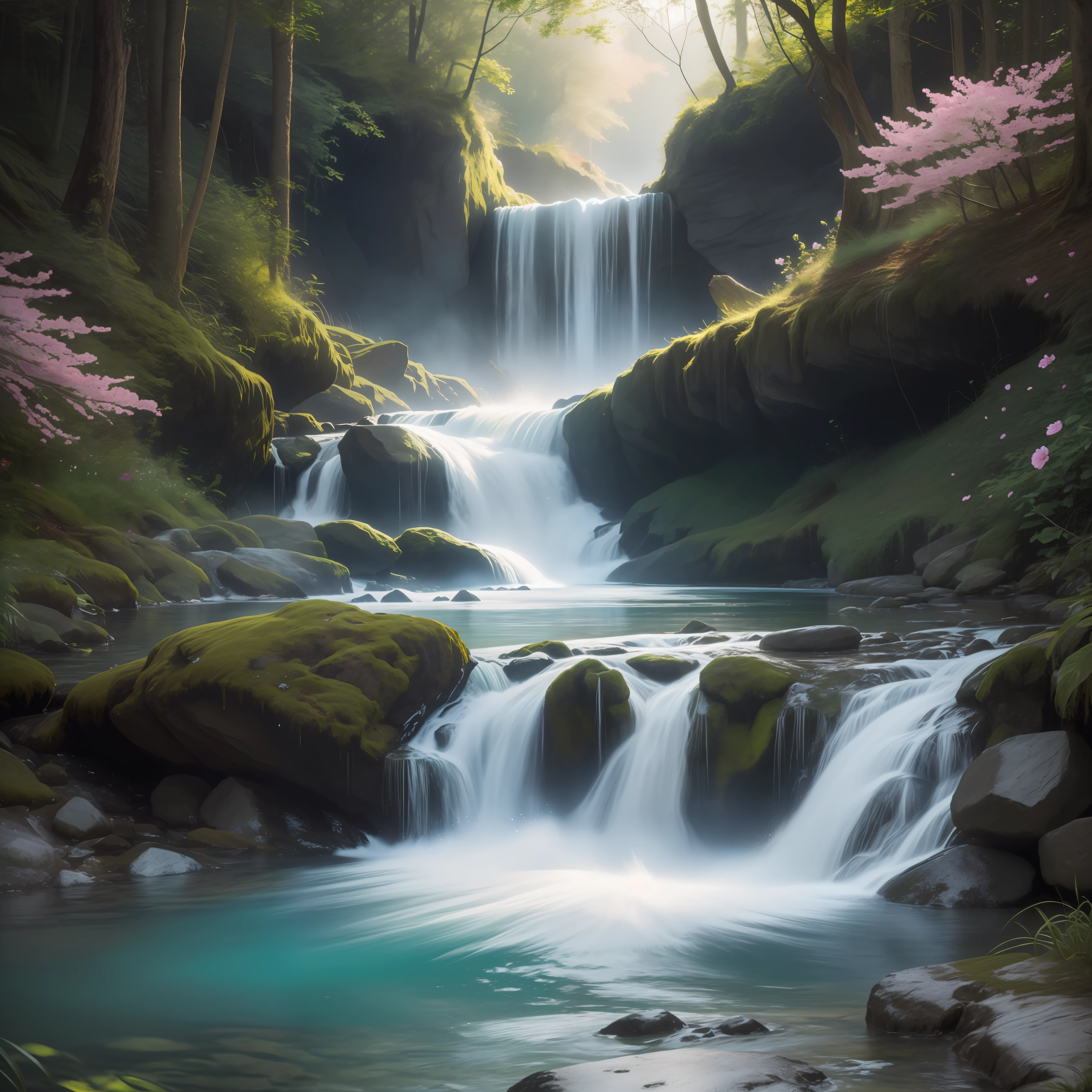 "Enchanting bioluminescent spring waterfall, adorned with vibrant flowers, bathed in a mesmerizing glittering glow, bringing the beauty to life in stunning HD and 4K, creating a truly photorealistic masterpiece."