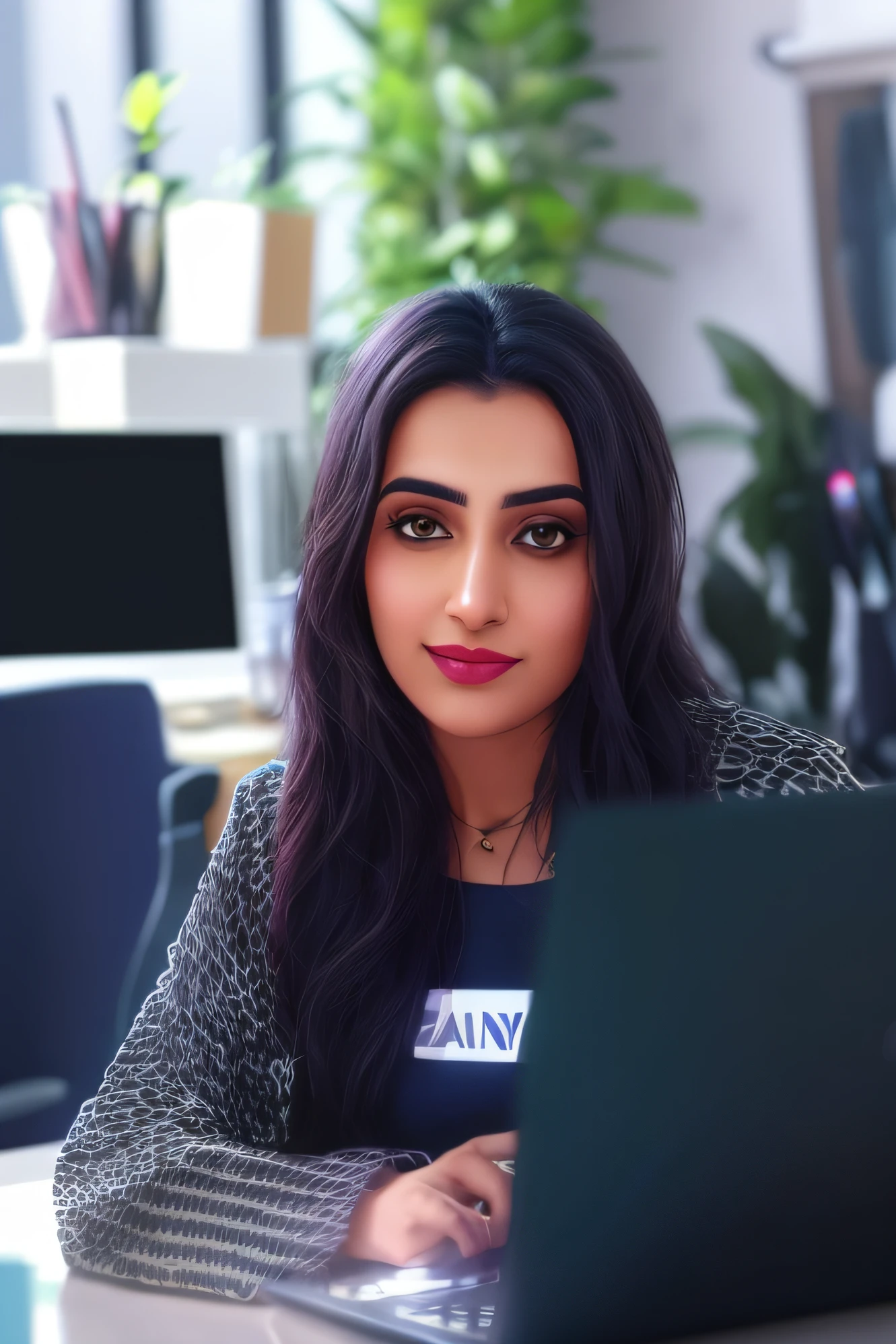 there is a woman sitting at a table with a laptop, kyza saleem, tanned ameera al taweel, profile image, captured on canon eos r 6, medium shot portrait, faridah malik, inspired by Ambreen Butt, khyzyl saleem, pretty face, hdr 4k, blurred background, minimalist office background, dramatic style photo