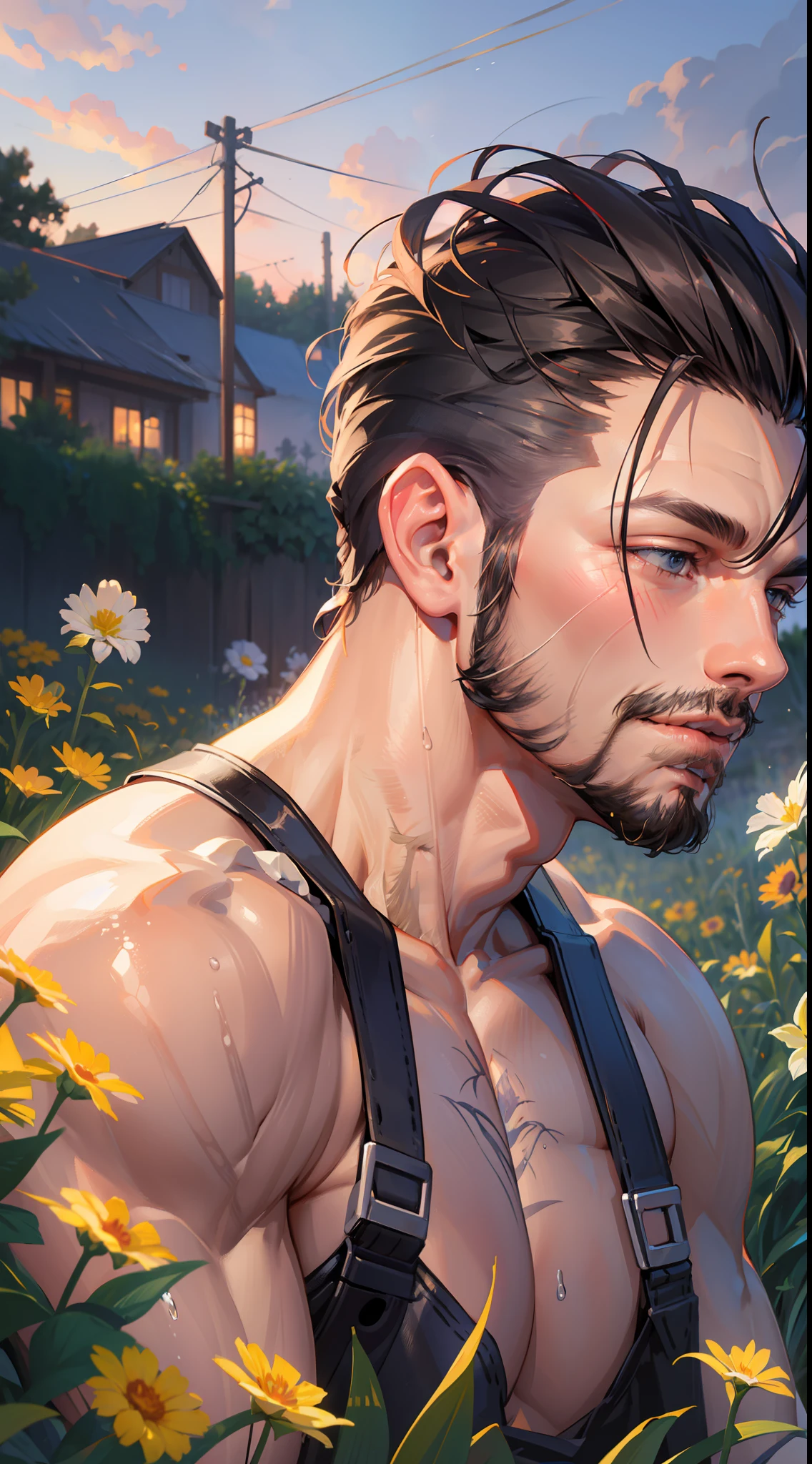 muscular, sitting, undercut, facial hair, flower field,water, depth of field,dusk sky