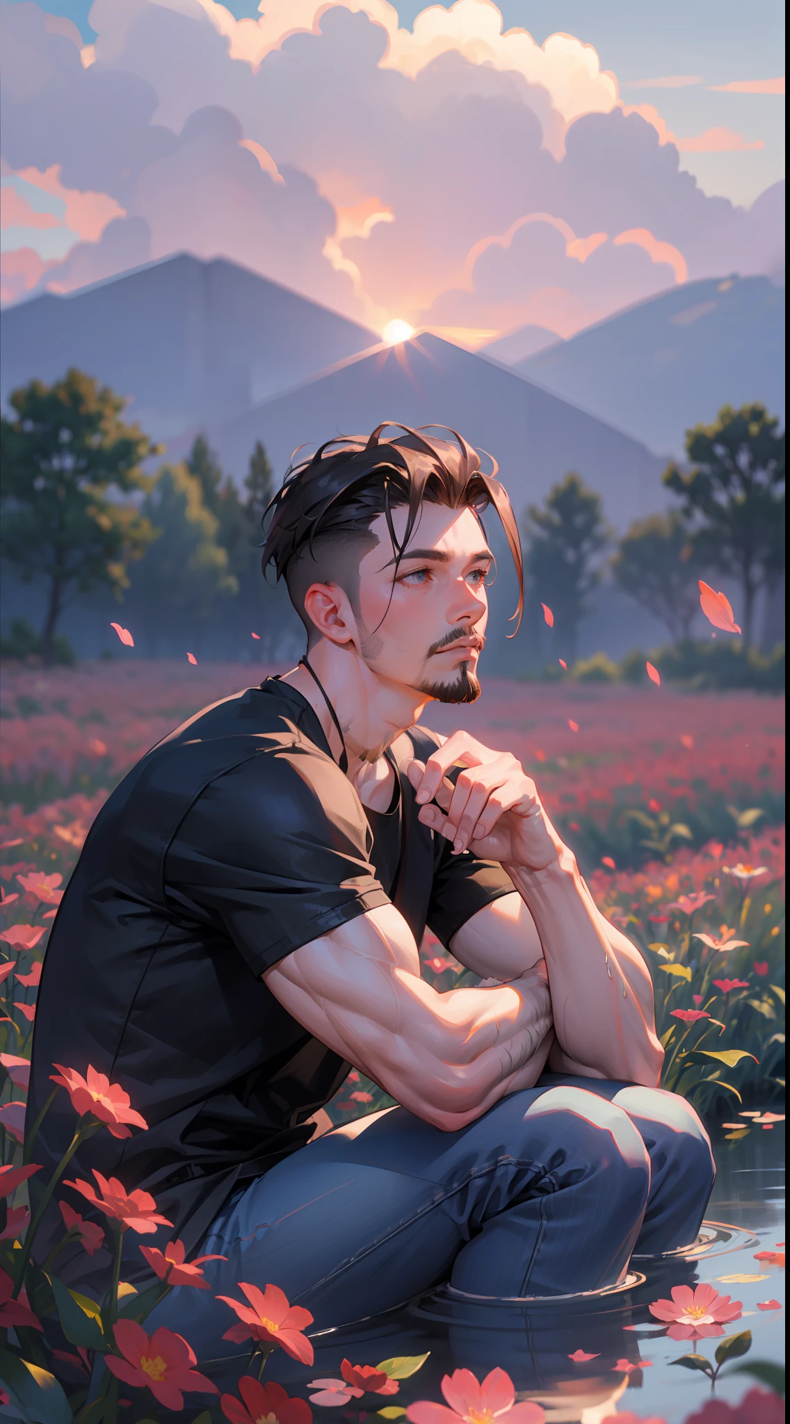 muscular, sitting, undercut, facial hair, flower field,water, depth of field,dusk sky