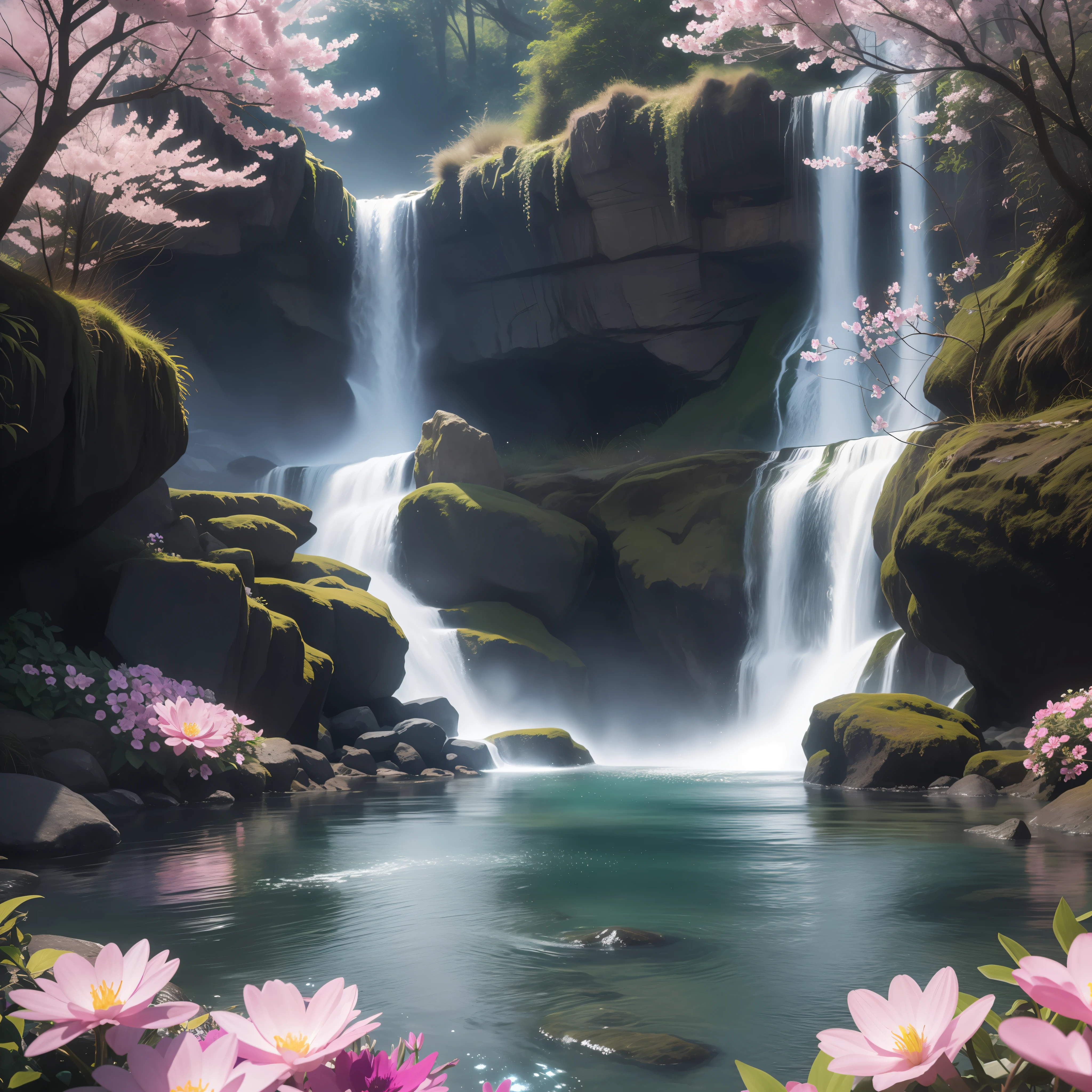 "Enchanting bioluminescent spring waterfall, adorned with vibrant flowers, bathed in a mesmerizing glittering glow, bringing the beauty to life in stunning HD and 4K, creating a truly photorealistic masterpiece."