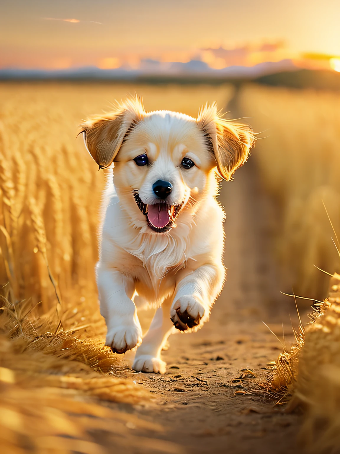 Photo of a very cute puppy running in a golden wheat field, facing the camera, showing his tongue and smiling, sunset sky, white clouds, soft volumetric light, (backlight: 1.3), (movie: 1.2), intricate details, (ArtStation: 1.3), Rutkowski