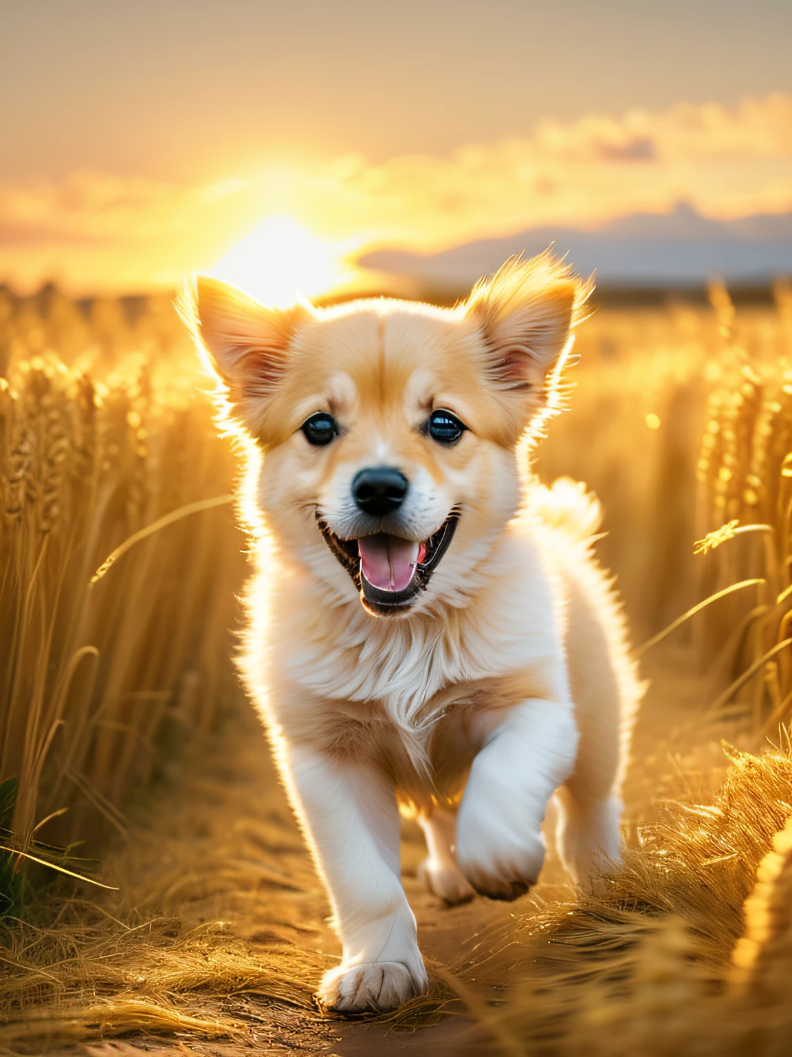 Photo of a very cute puppy running in a golden wheat field, facing the camera, showing his tongue and smiling, sunset sky, white clouds, soft volumetric light, (backlight: 1.3), (movie: 1.2), intricate details, (ArtStation: 1.3), Rutkowski