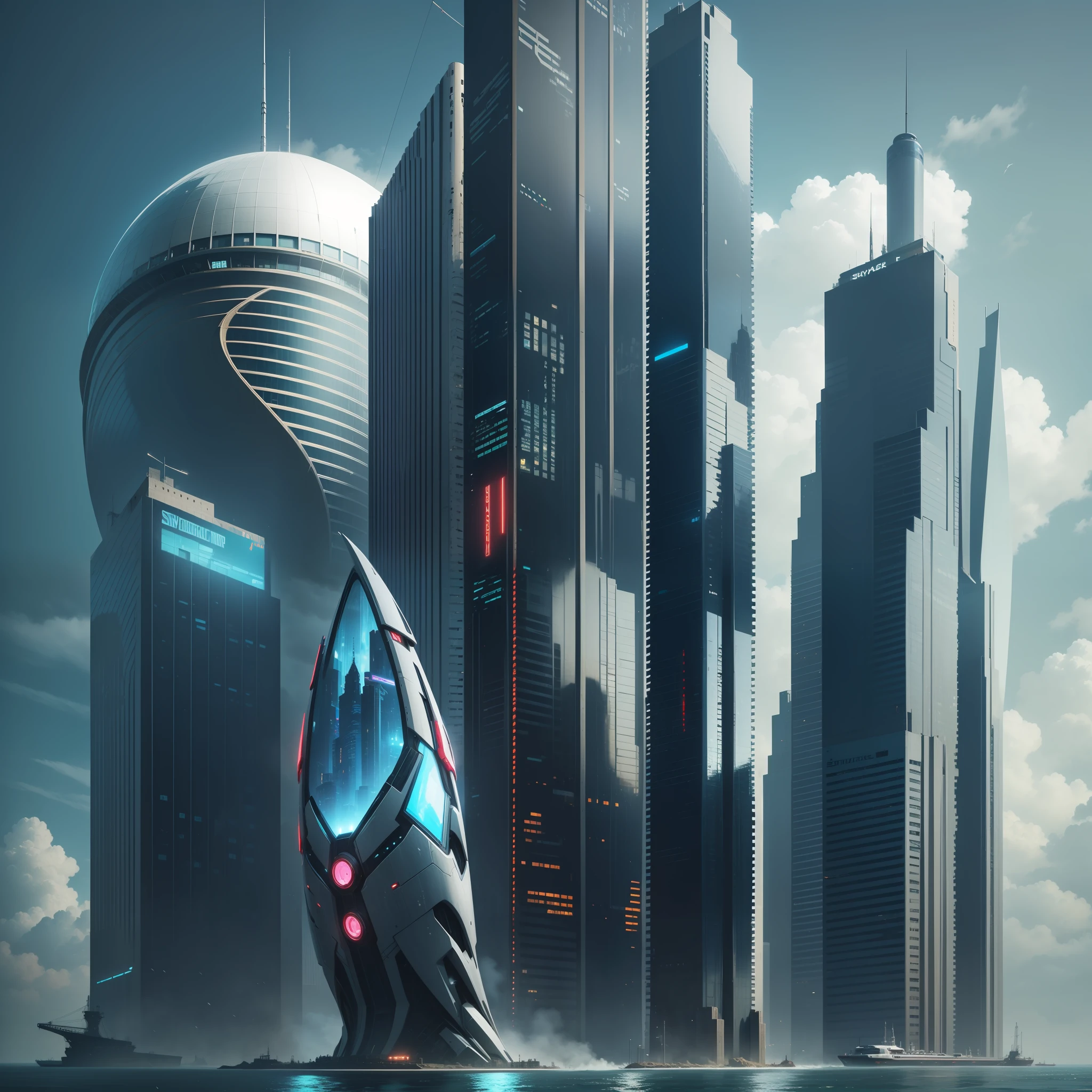 Skyscraper on the sea Ocean Cyberpunk Sci-fi Future World Top Quality Masterpiece