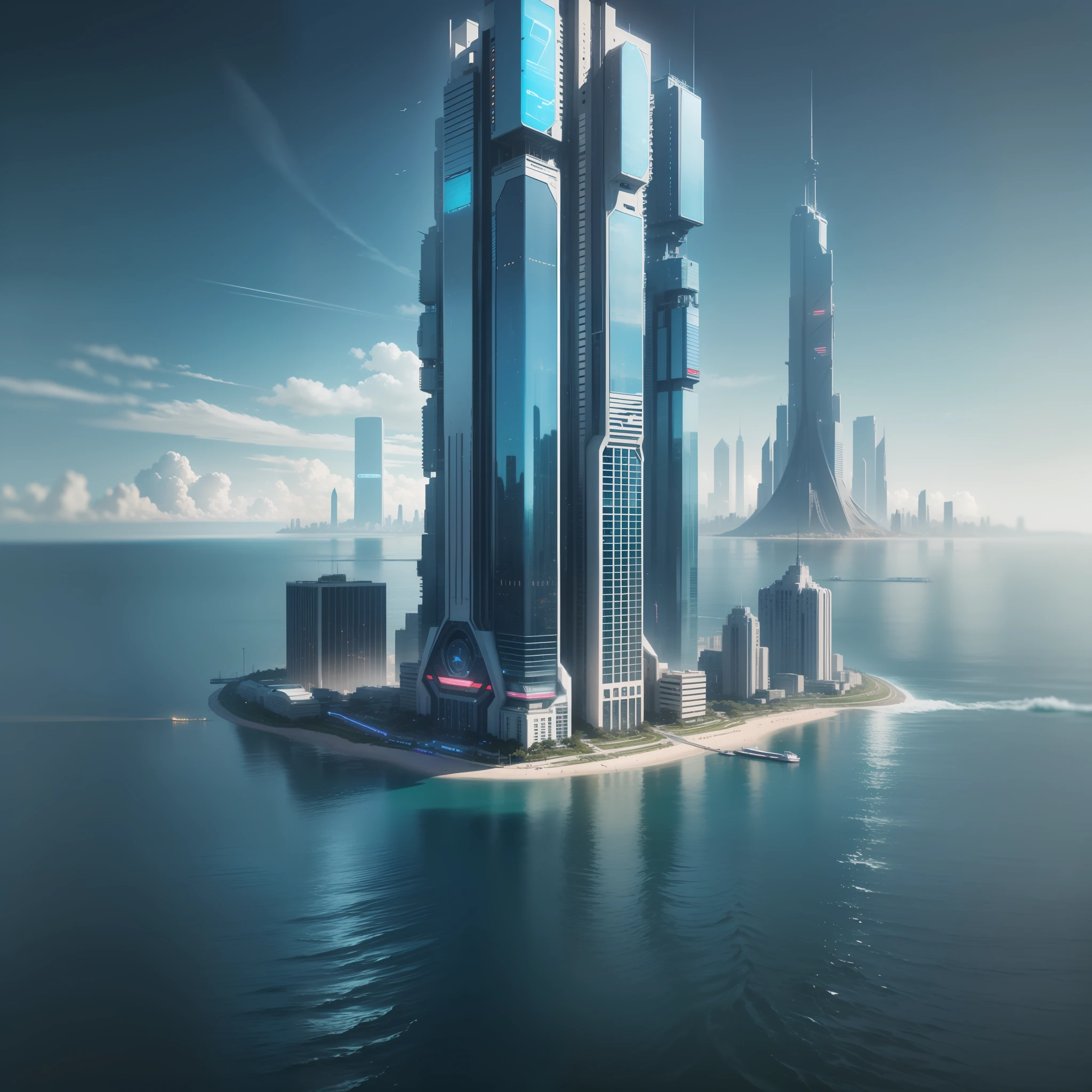 Skyscraper on the sea Ocean Cyberpunk Sci-fi Future World Top Quality Masterpiece