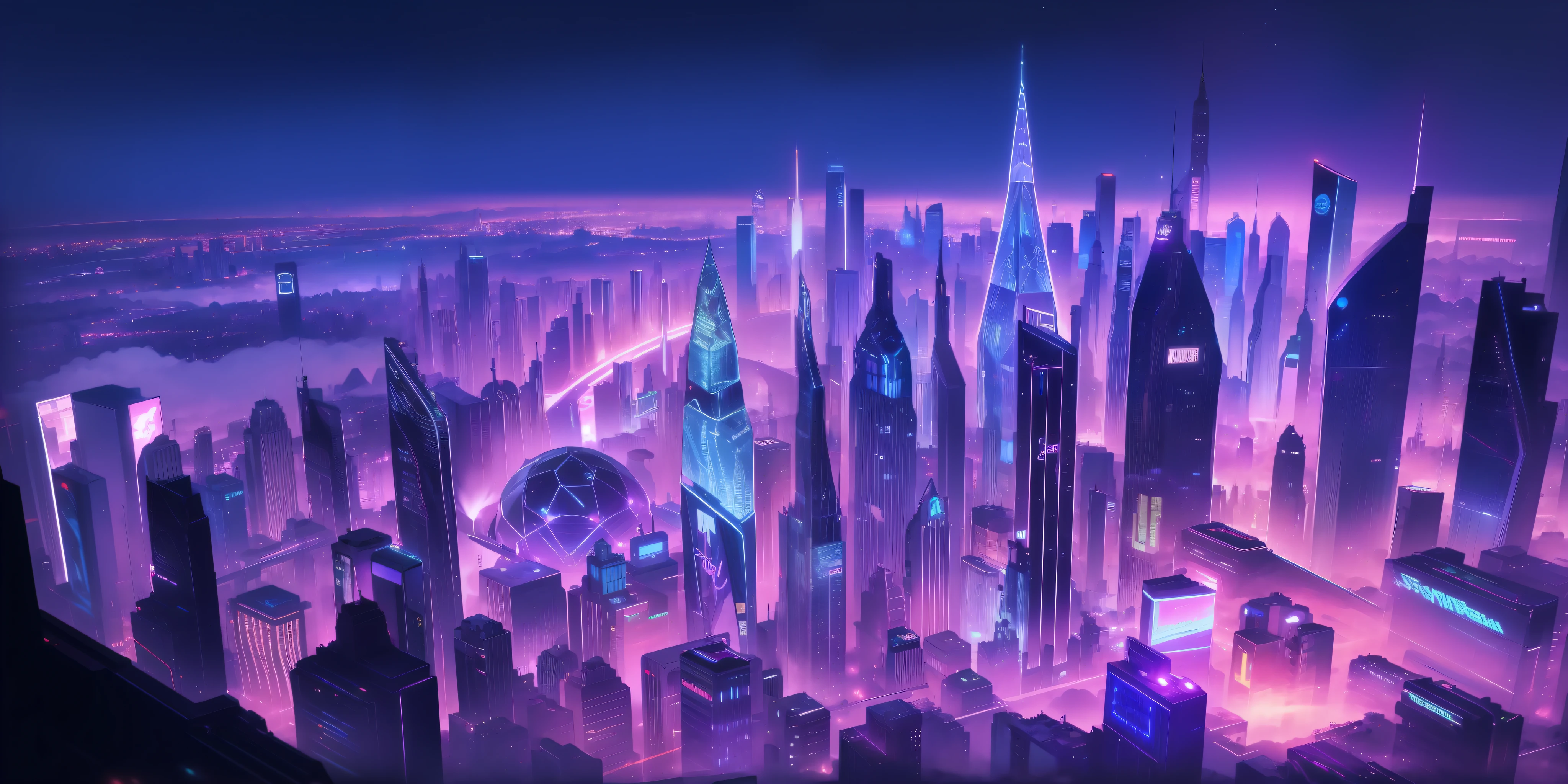 Cyberpunk cities, futurism, skyscrapers, flying cars, casinos, neon lights, LED lights, giant crystal palaces, futuristic technology, rivers, docks, spaceships, domes, night sky, stars, shooting stars.