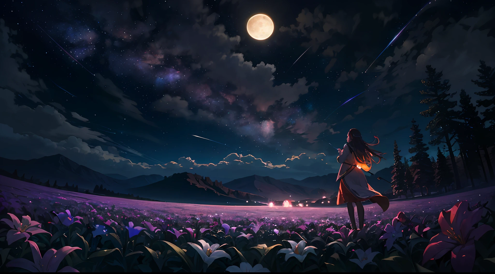 expansive landscape photograph , (a view from below that shows sky above and open field below), a girl standing on flower field looking up, (full moon:1.2), ( shooting stars:0.9), (nebula:1.3), distant mountain, tree BREAK production art, (warm light source:1.2), (Firefly:1.2), lamp, lot of purple and orange, intricate details, volumetric lighting BREAK (masterpiece:1.2), (best quality), 4k, ultra-detailed, (dynamic composition:1.4), highly detailed, colorful details,( iridescent colors:1.2), (glowing lighting, atmospheric lighting), dreamy, magical, (solo:1.2)