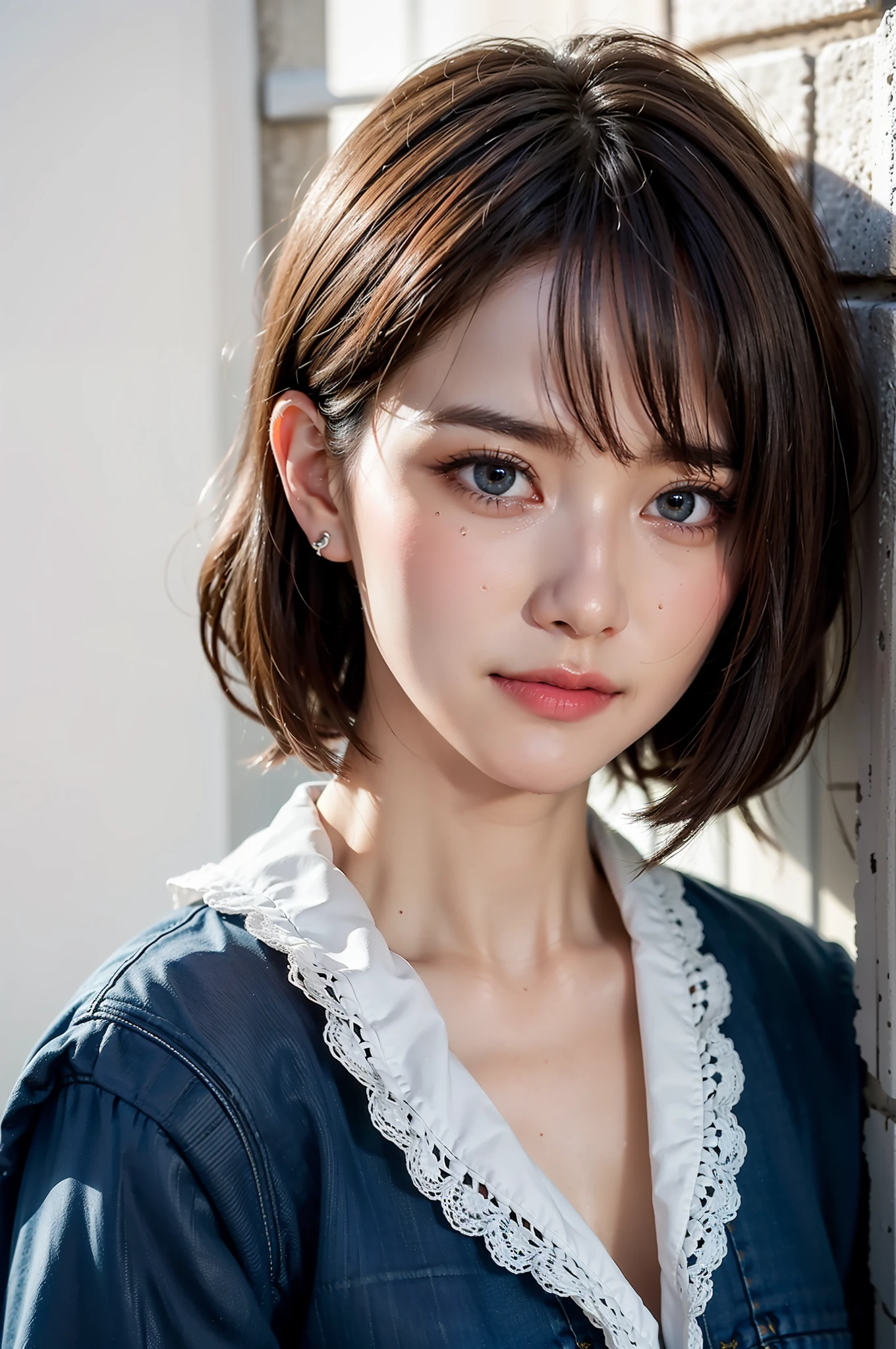 Top Quality, Masterpiece, Ultra High Resolution, (Realistic, : 1.4), Original Photo, (True Skin Texture: 1.3), (Film Grain: 1.3), Panorama, Portrait, Very Wide Lens, Narrow Waist, Denim Lens, (Bangs, Inconspicuous, Cold Light), Up Close, Tears, Short Hair, Long Neck, Ears, Bangs, Big Eyes, Brightly Colored Eyes, In the House, Dust, Tindall effect, (facial expression), sitting, (hitting a wall), crying, frowning, (looking down), nervousness, tears, smiling happily
one girl, eyes and face with beautiful details, white jabot, pink dark V, brown eyes,
