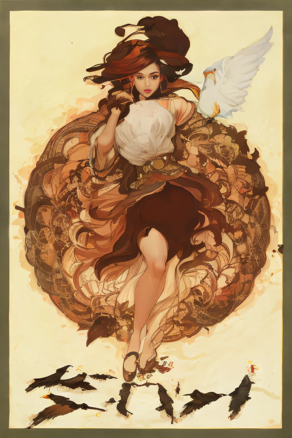 there is a woman with a bird on her shoulder and a bird on her arm, artgerm mucha, alphonse mucha and rossdraws, artgerm and alphonse mucha, style ivan talavera and artgerm, in the art style of mohrbacher, inspired by Jon Foster, alphonse mucha and craig mullins, art nouveau lilith