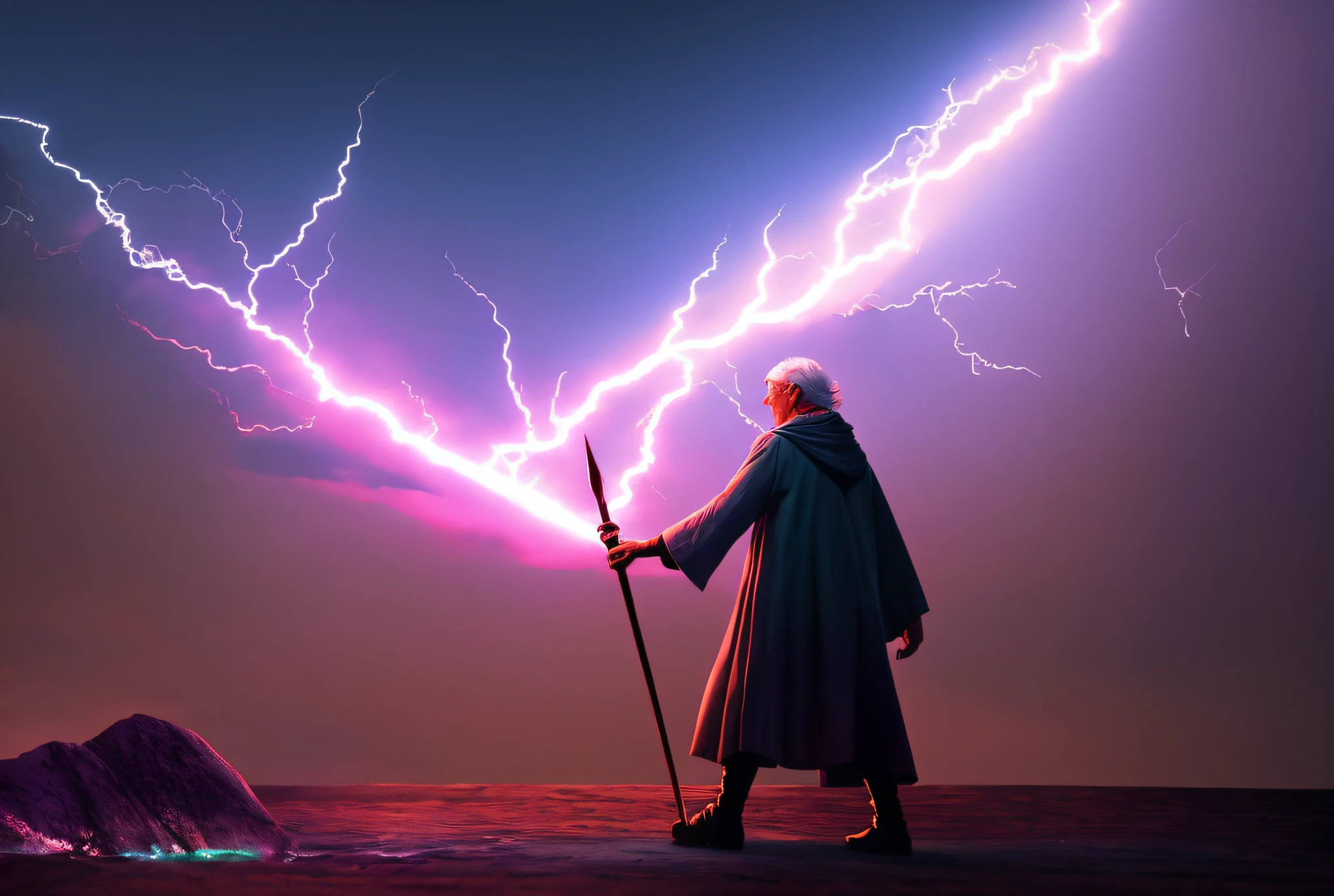 There's an old man of 65 years casting a spell in his hand, he's casting a lighting spell, 3D render senior artist, Gandalf casts a lightning bolt, full portrait of electromancer, cinematic lightning and colors, digitally painted, Beeple and Jean Giraud,