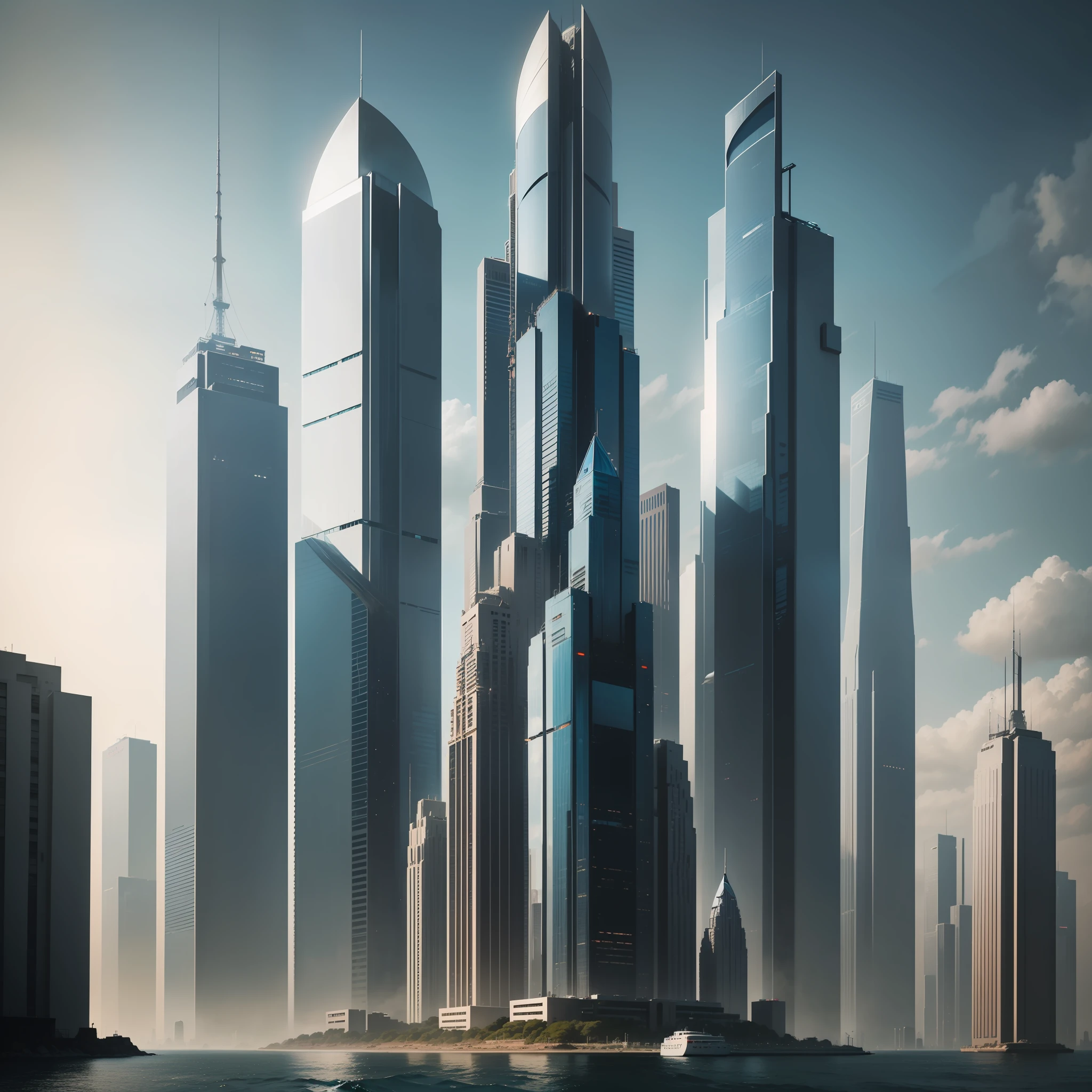 Skyscrapers on the Sea Ocean Cyberpunk Sci-Fi Futuristic World Top Quality Masterpiece
