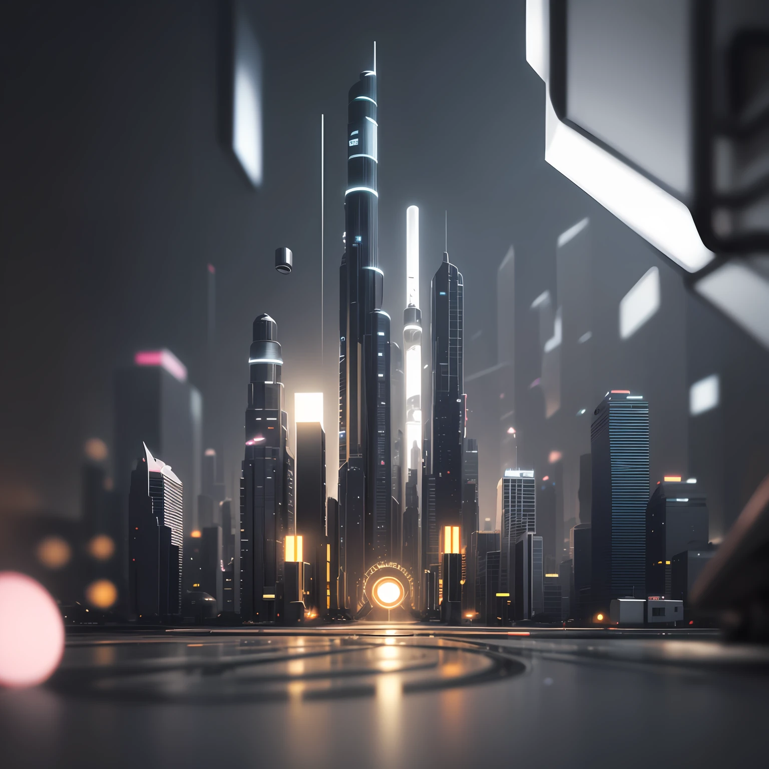 a nanotech and carbon fiber optical illusionistic detailed, black and white pinhole lens, Edison bulb infused abstract city, rainbow roads, dual color tones, split colors, Cycles rendering, octane rendering, volumetric lighting 4k