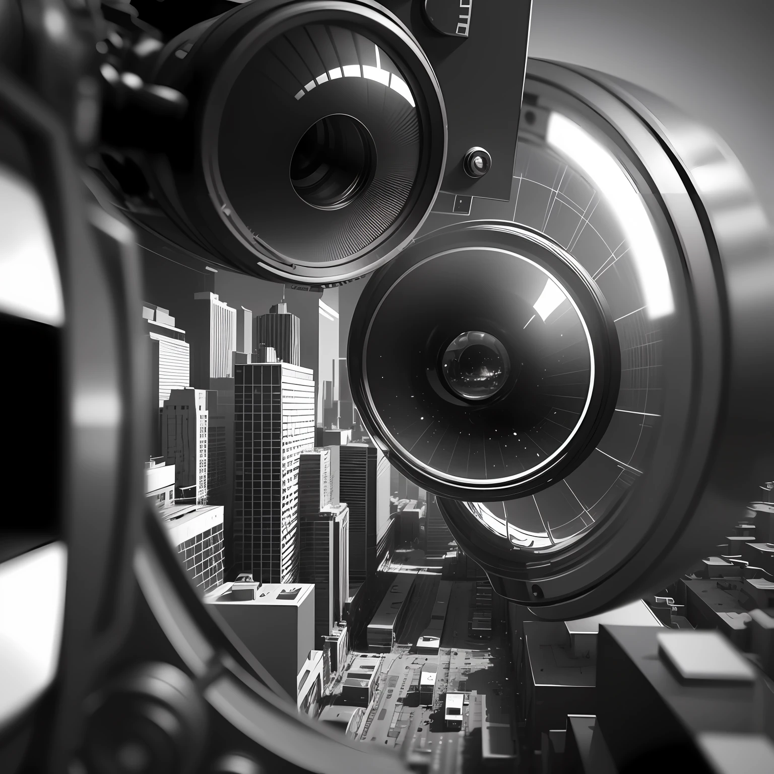 a nanotech and carbon fiber optical illusionistic detailed, black and white pinhole lens, Edison bulb infused abstract city, rainbow roads, dual color tones, split colors, Cycles rendering, octane rendering, volumetric lighting 4k