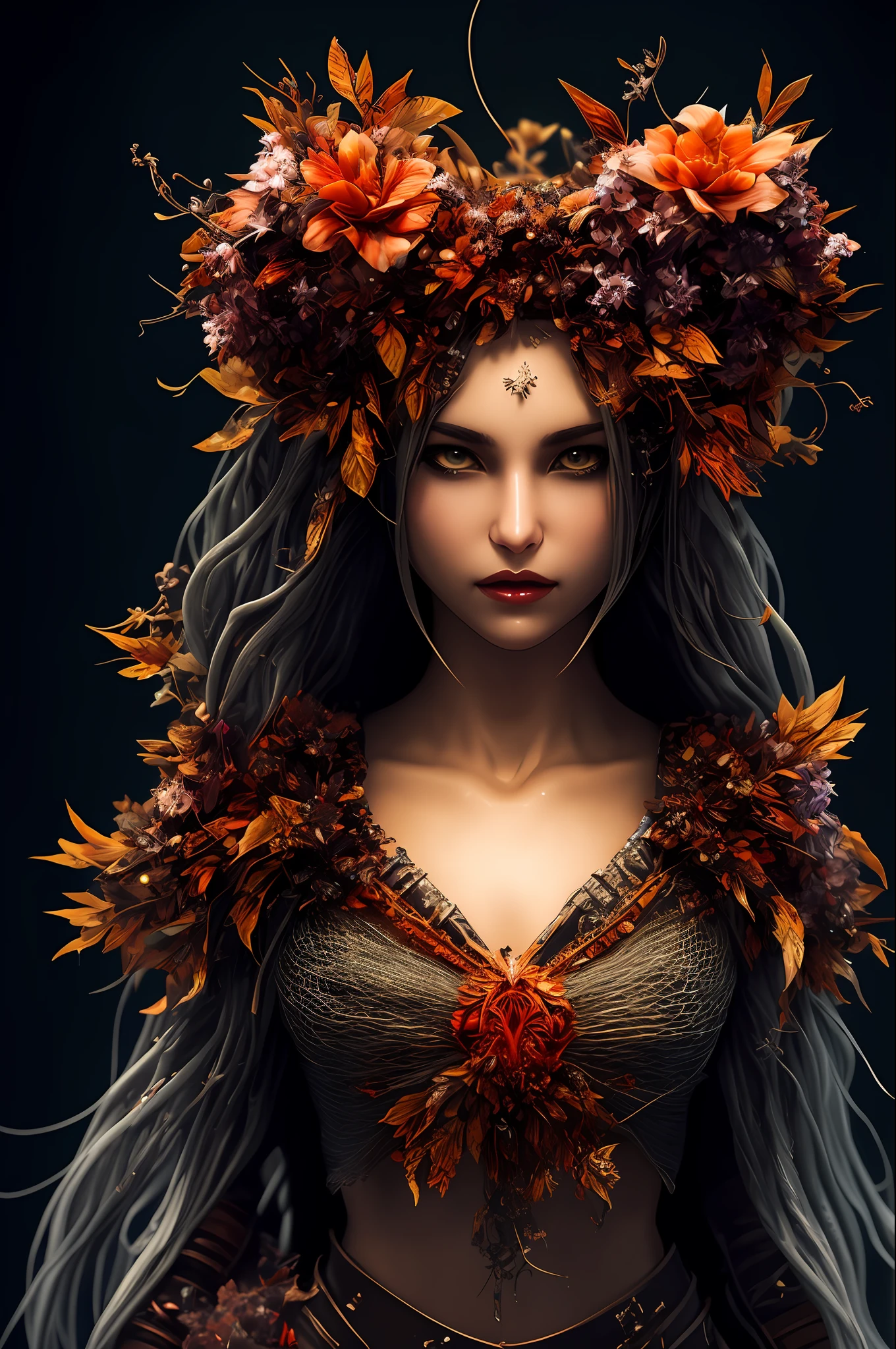 Imagine that the skin of this creature girl looks like it was made of a fishing net, with leaves and flowers growing on her body. Digital Epic Fantasy, Symmetrical Concept Art, Sinister Fantasy Illustration, Symmetrical Epic Fantasy Art, Epic Fantasy Science Fiction Illustration, Epic Fantasy Art Style, Epic Anime Art, Symmetrical Fantasy RPG Portrait, Anton Fadeev and Dan Mumford, (Masterpiece, Top Quality, Best Quality, Official Art, Beauty and Aesthetics: 1.2), Extreme Detail, (Fractal Art: 1.3), Colorful, Most Detailed, Full Body Pose, Cute Surrealist Photo, 8 K, Octane Beautifully Rendered, Very detailed, intricate, epic composition, cinematic lighting, masterpiece, art station trend, very, very detailed, stunning, HDR, smooth, sharp focus, high resolution, award-winning, award-winning photo, DSLR, 5 0 mm