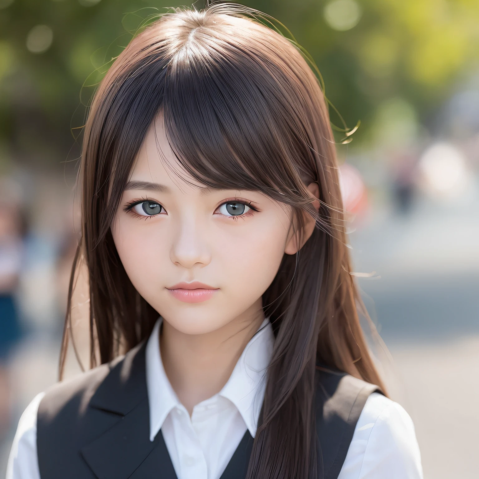 (best quality, masterpiece), 1girl,beautiful girl, Japan schoolgirl uniform, cute, small, embarrassing, blush, looking viewer, depth of field, model shooting style,bright background, upper body, black eyes, very long black hair, bangs, very detailed face and skin texture, realistic human skin, realism, realistic photos, professional color correction, natural light