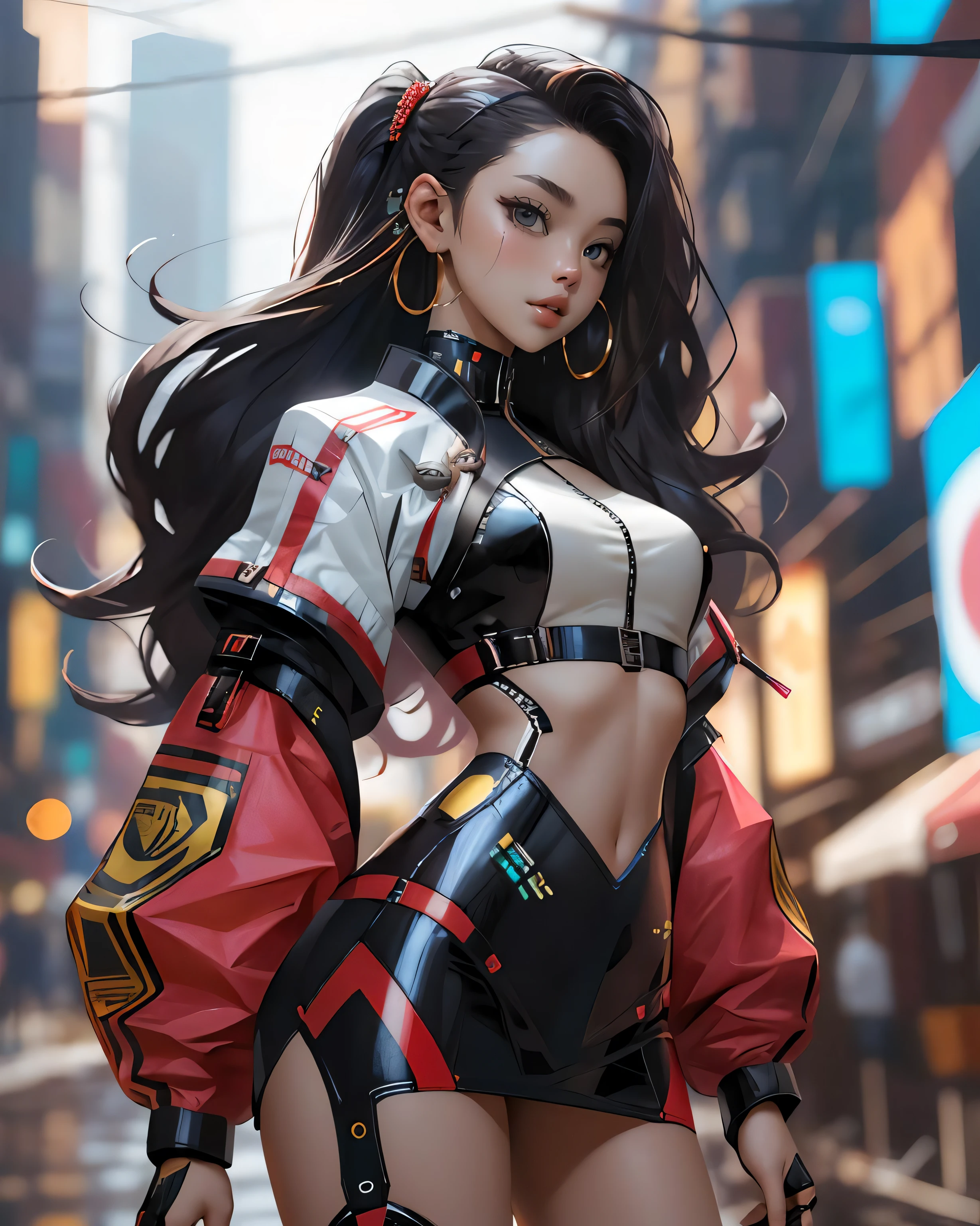 best quality,  cyber sttyle girl, 1girl,  solo, long hair,  blurry background,