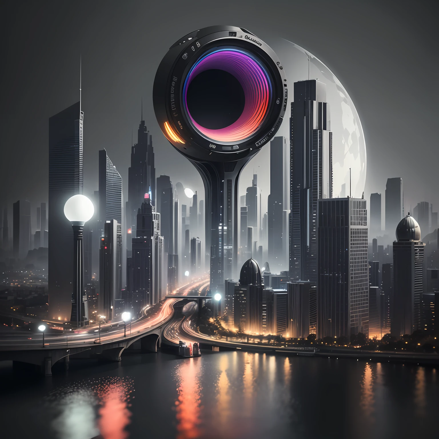 a nanotech and carbon fiber optical illusionistic detailed, black and white pinhole lens, Edison bulb infused abstract city, rainbow roads, dual color tones, split colors, Cycles rendering, octane rendering, volumetric lighting 4k
