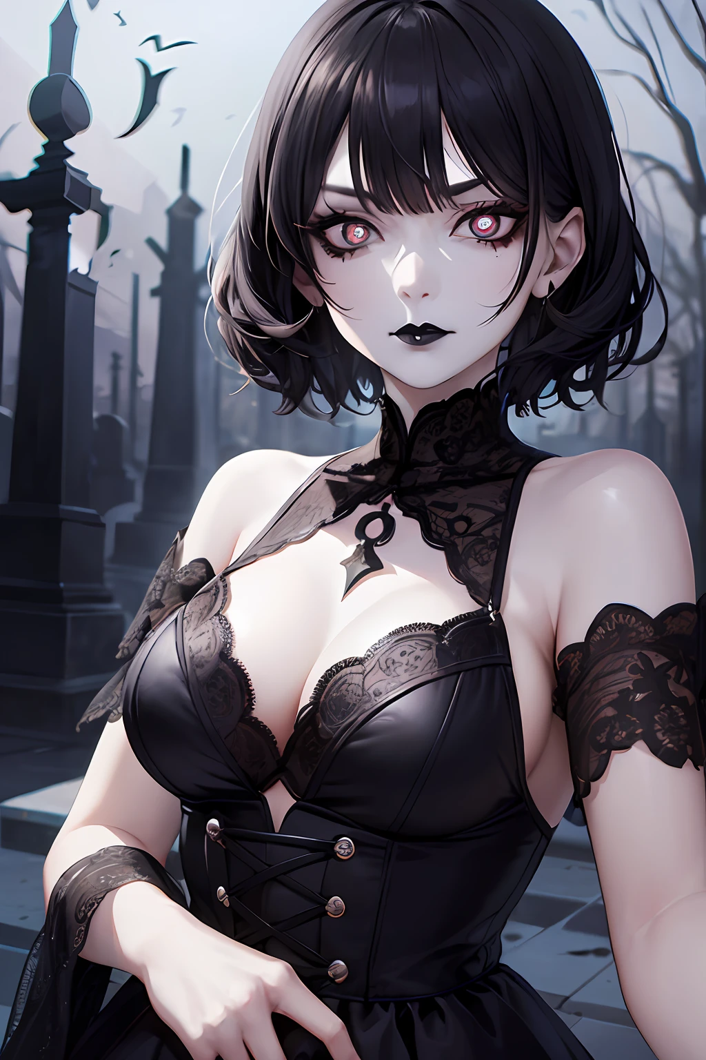 A girl with blood in her eyes, different eyes well drawn, eyes with different pupils, serious face, lips with black lipstick, wearing a mourning dress with lace, white skin, short black hair with bangs, (eyes with different pupils:1.3), horror scenery background, graveyard, Paramount horror and lighting from Wit--Niji studios:5--light studio--eyes-detailed --s2