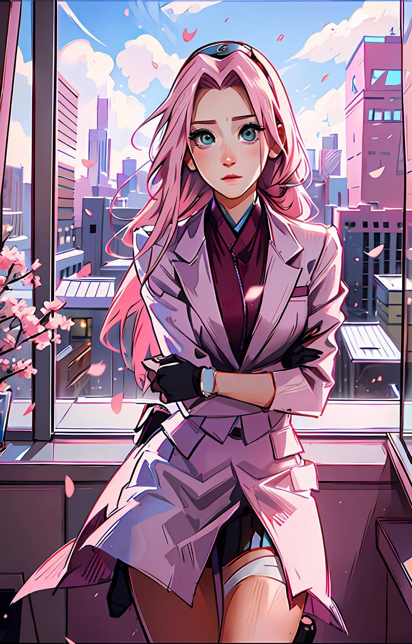 Sakura haruno, ((solo)), alone, ((forehead the show)), elegant,wearing a feminine suit, pink hair, delicate, young, long hair, detailed face, high definition, ((full body)), full body, ((serious)), in an office looking at the city outside the window, CEO, she is a beautiful woman of success, face with high quality,CEO