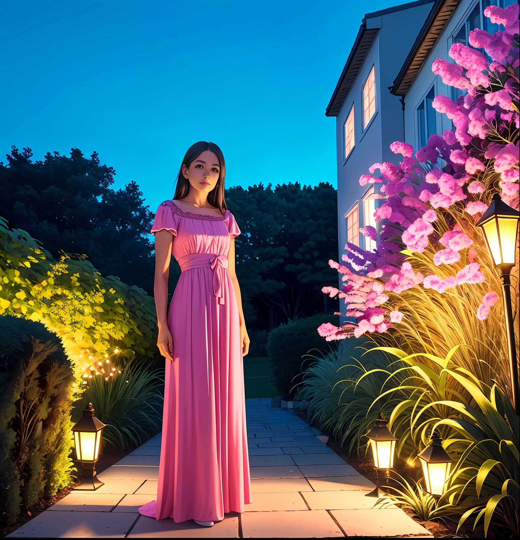 there is a woman in a pink dress standing in a garden, wearing a pink dress, full body length shot, dressed in a pink dress, by Gina Pellón, at night time, in the evening, at night, full body photogenic shot, close full body shot, pink dress, about 3 5 years old, taken in 2 0 2 0, with neon lights