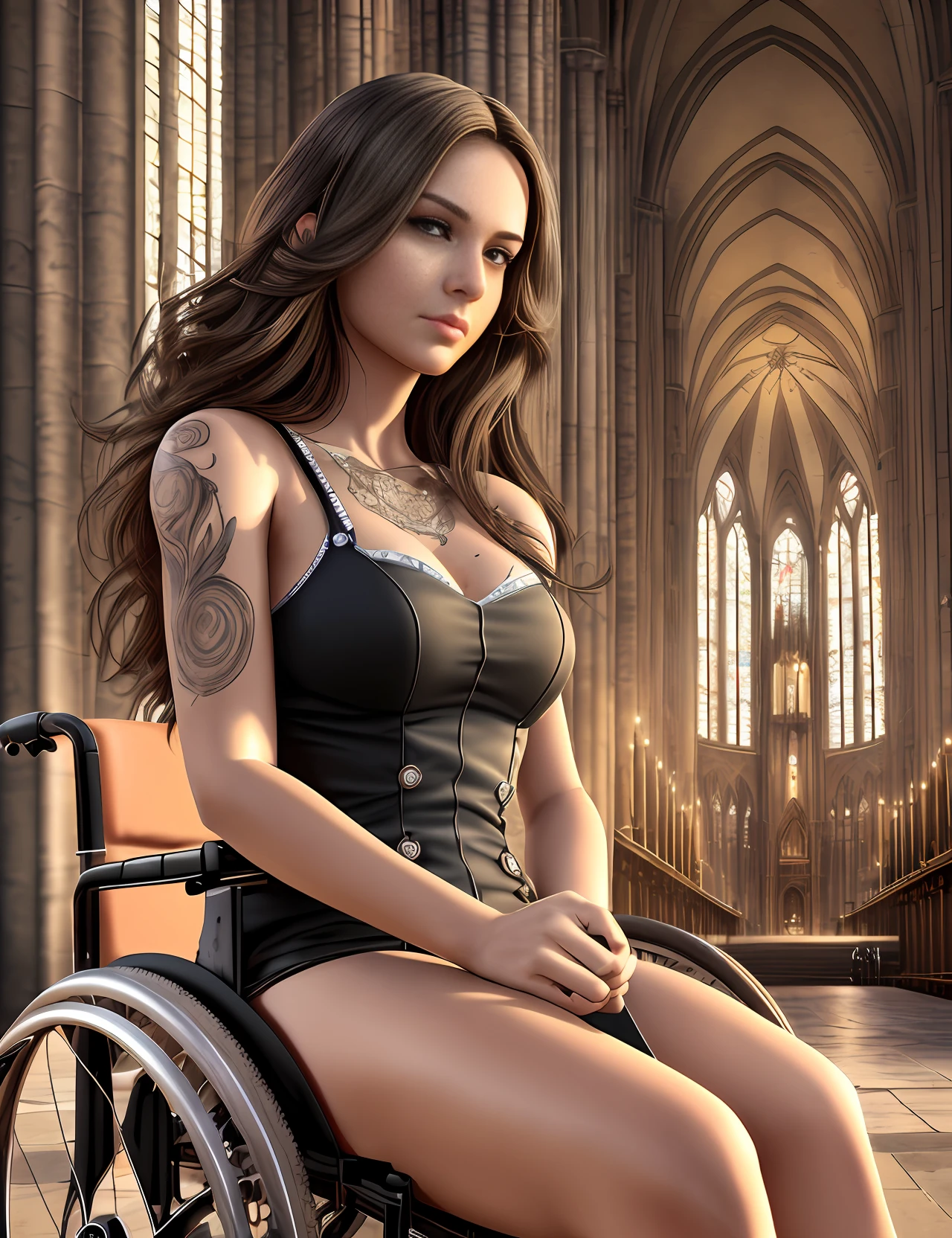 wheelchair woman, sitting in wheelchair, frontal face, 31 years old, (realistic:1.3), finely detailed, quality, (masterpiece:1.2), (photorealistic:1.2), (best quality), (detailed skin:1.3), (intricate details), dramatic, ray tracing, photograph, Liquid [Marshlands|Madrid] from inside of a Cologne Cathedral, Bathed in shadows, Masterpiece, Despressing, Metalcore, film grain,  sunset background --auto --s2